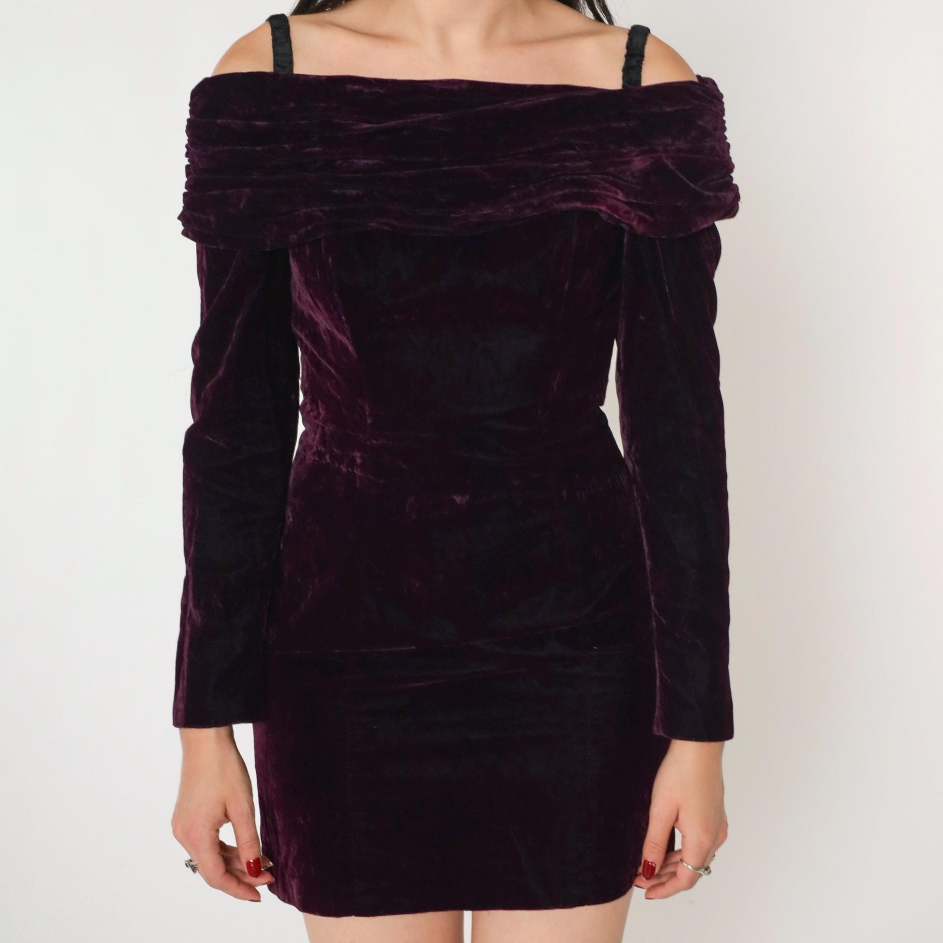 90s Rampage Velvet Mini Dress Off-Shoulder Spaghetti Strap Deep Purple Extra Small