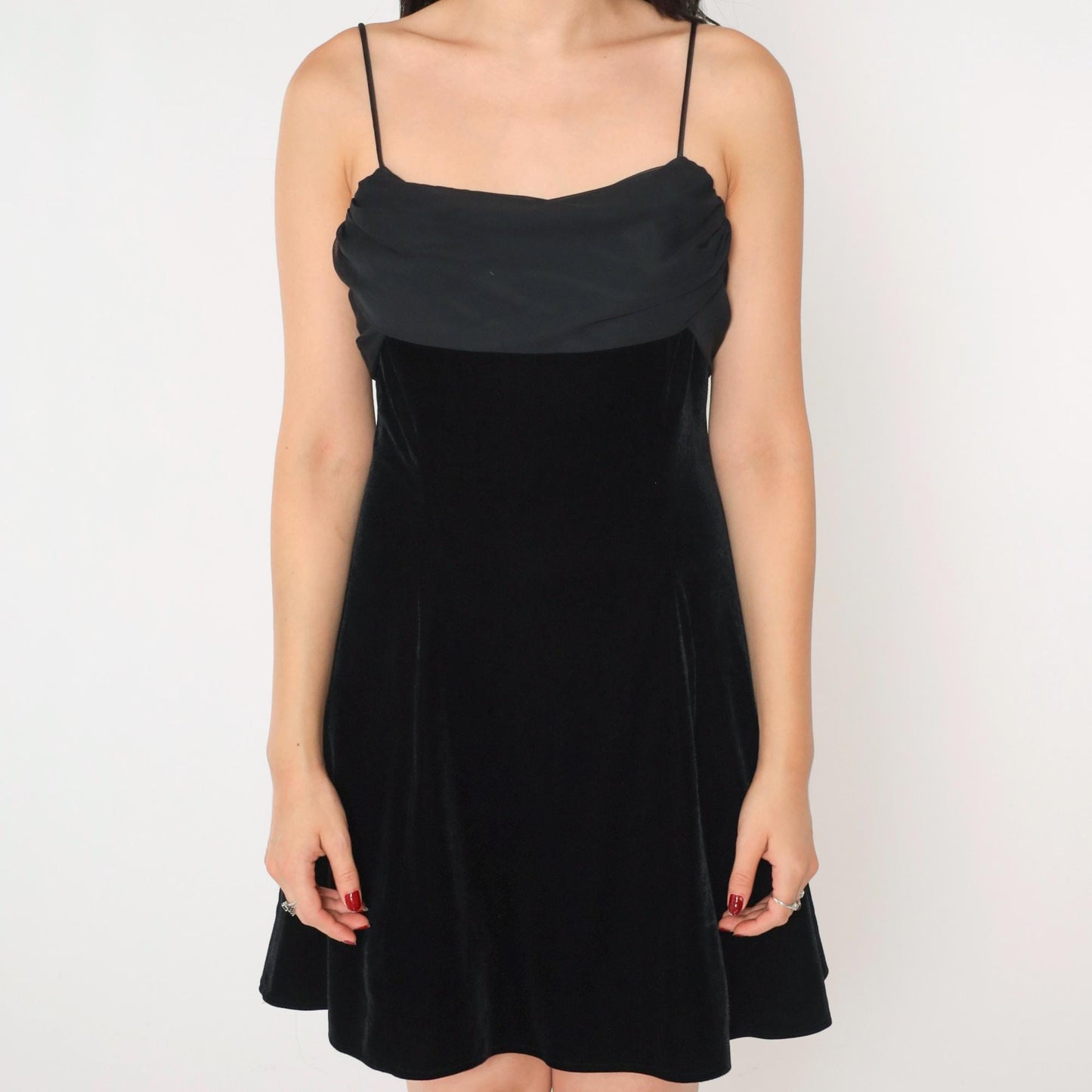 90s Black Velvet Chiffon Mini Dress Spaghetti Strap Train Medium 8