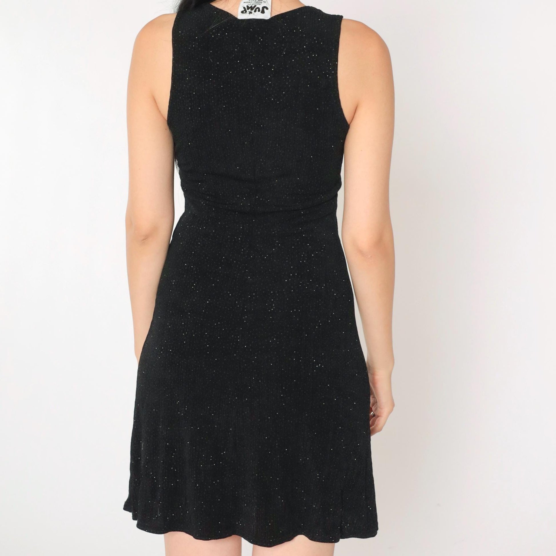 90s Black Metallic Sparkle Mini Bodycon Dress Sleeveless Small
