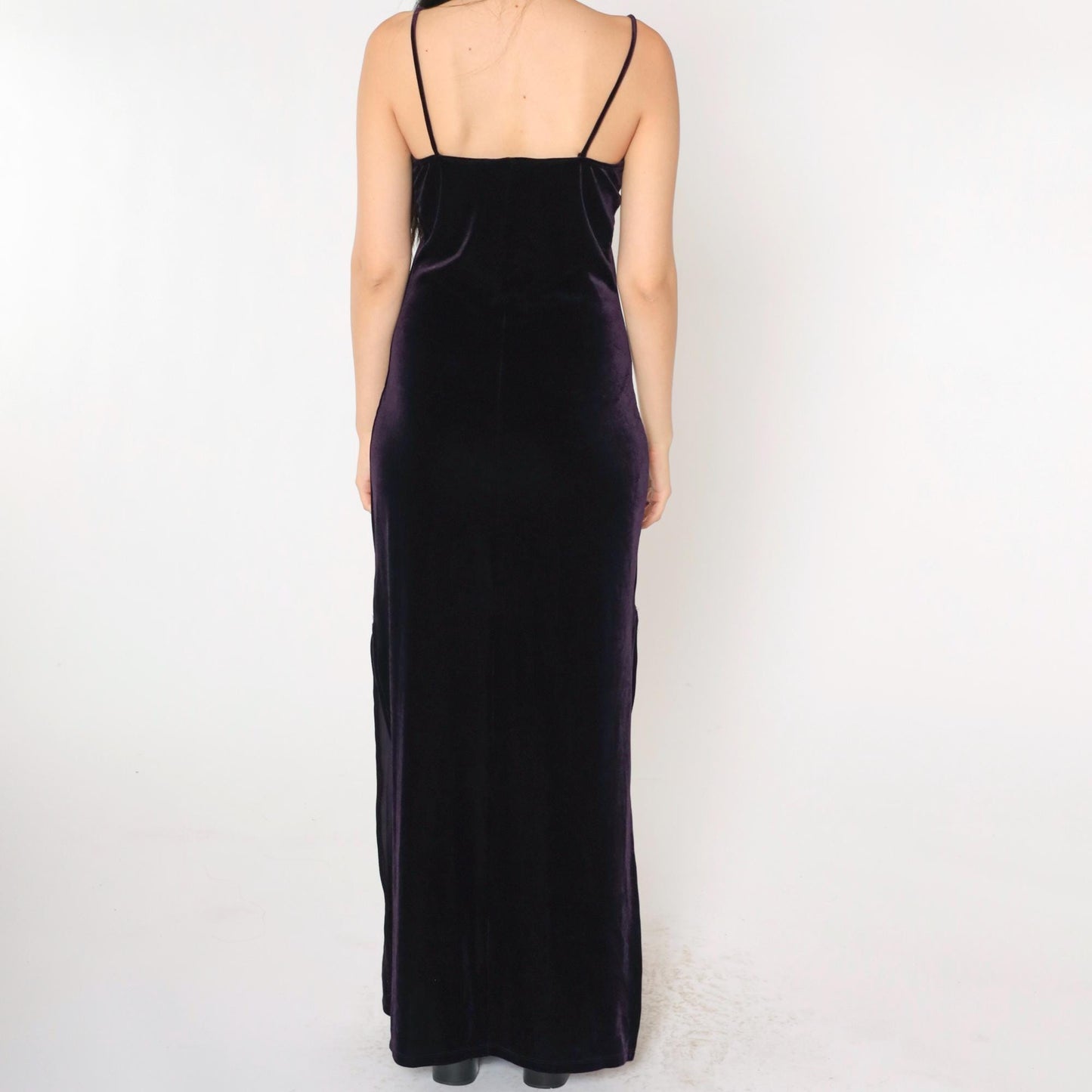 90s Purple Velvet Maxi Dress Glitter Floral Spaghetti Strap Side Slit Small