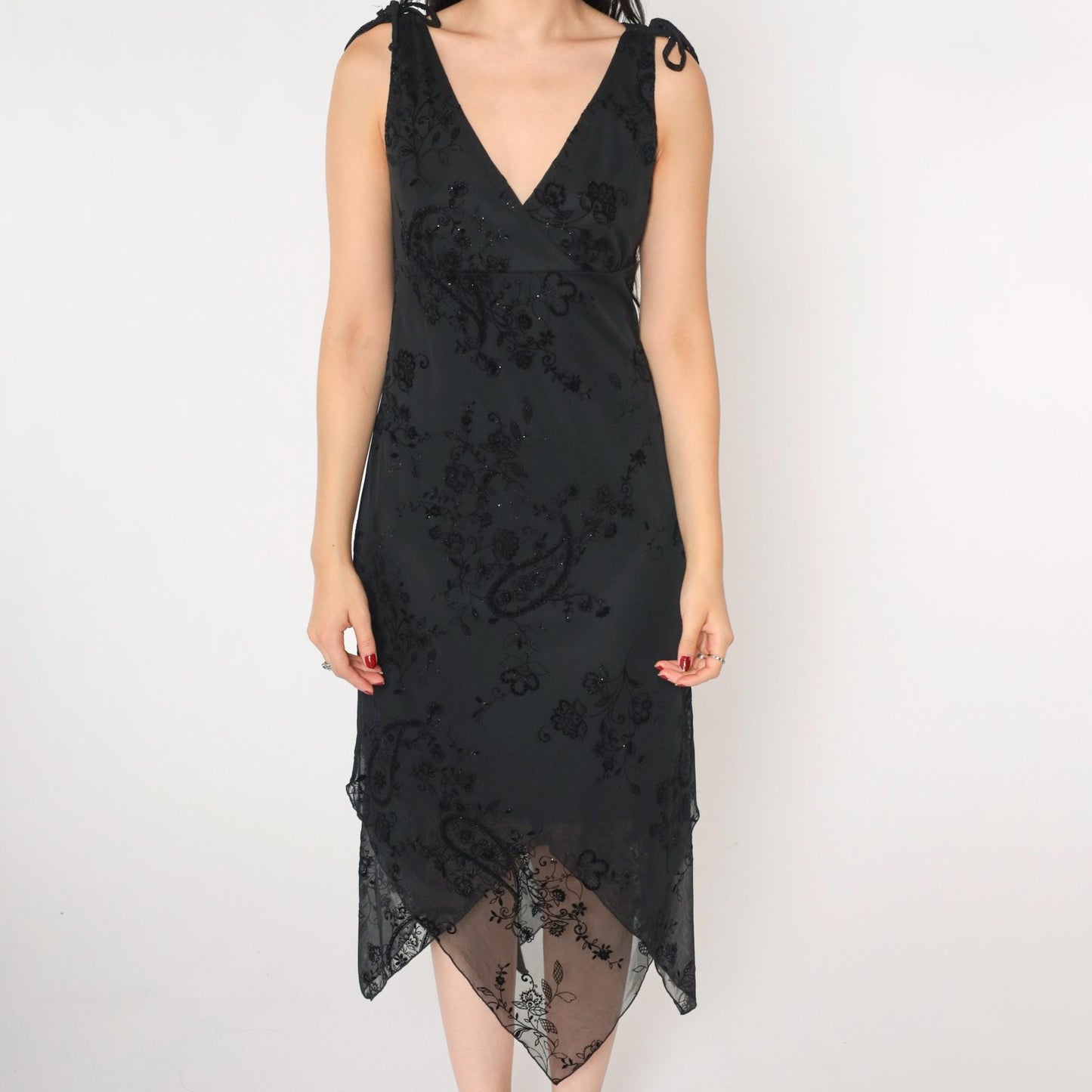 90s City Triangles Sparkly Floral Midi Dress Black Empire Waist V Neck Small