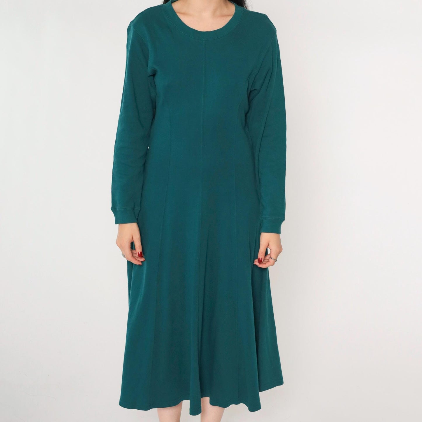 90s Teal A-Line Midi Dress Long Sleeve Princess Seam Cotton Small