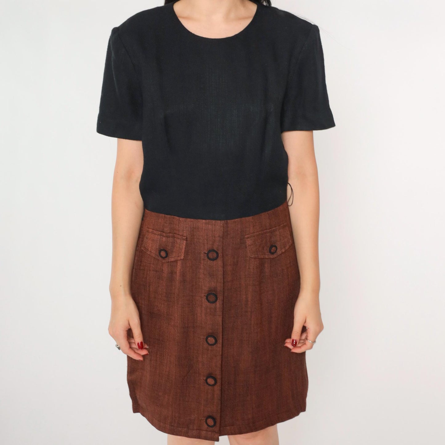 90s Maggy London Black Mini Dress Burnt Orange Button Skirt Medium