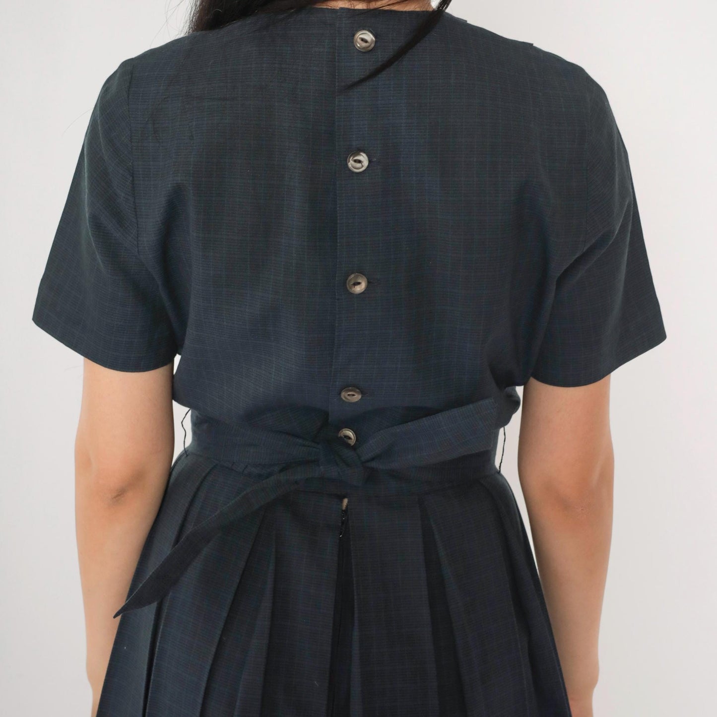 1960s Grey Checkered Pleated Day Dress High Waist Button Back Small