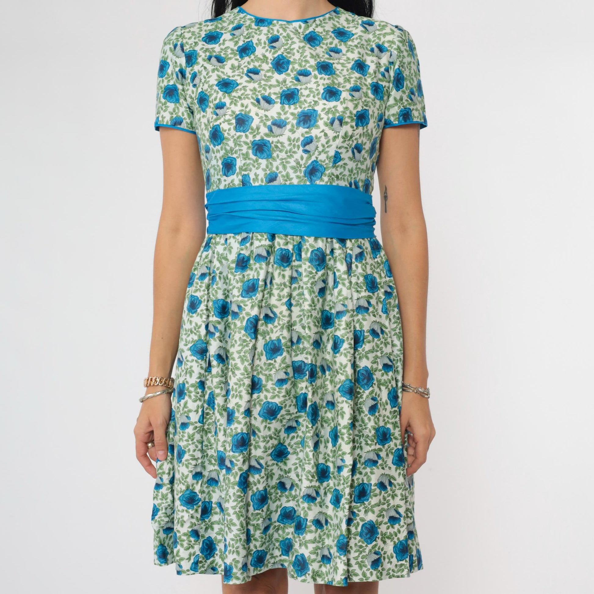 1960s Floral Dress Blue Green Mini High Waist Short Sleeve Small