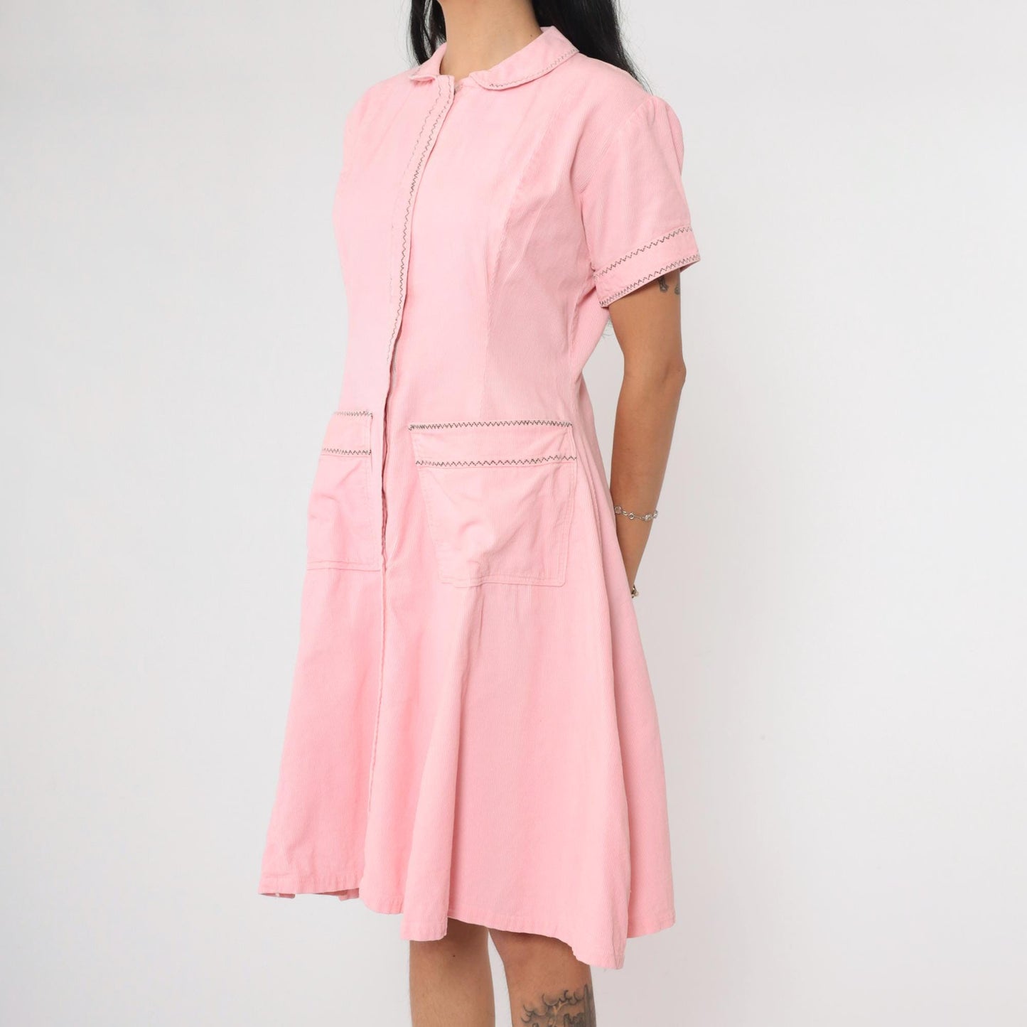 60s Pink Corduroy Mini Dress Peter Pan Collar A-Line Shift Pockets Medium