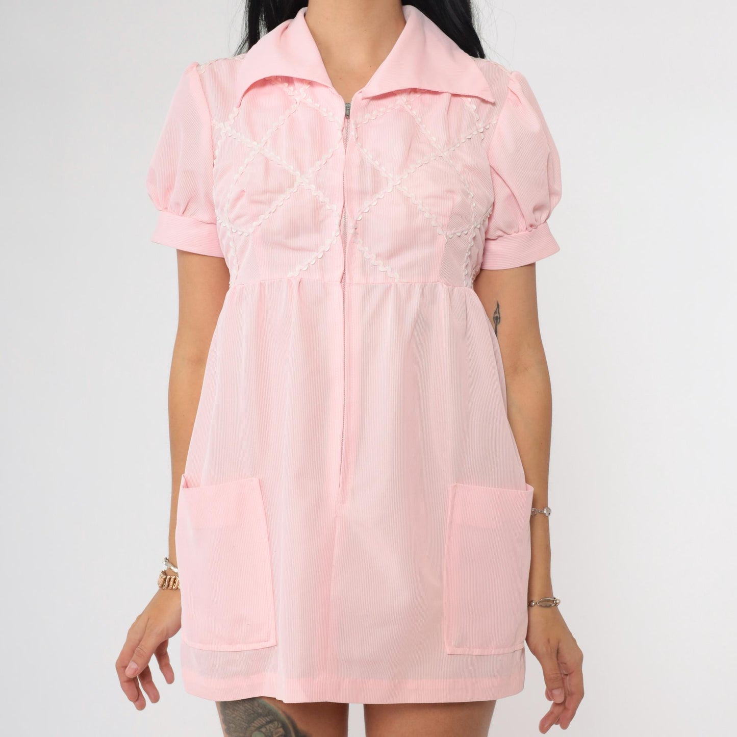 70s Baby Pink Babydoll Dress Puff Sleeve Empire Waist Micro Mini Extra Small