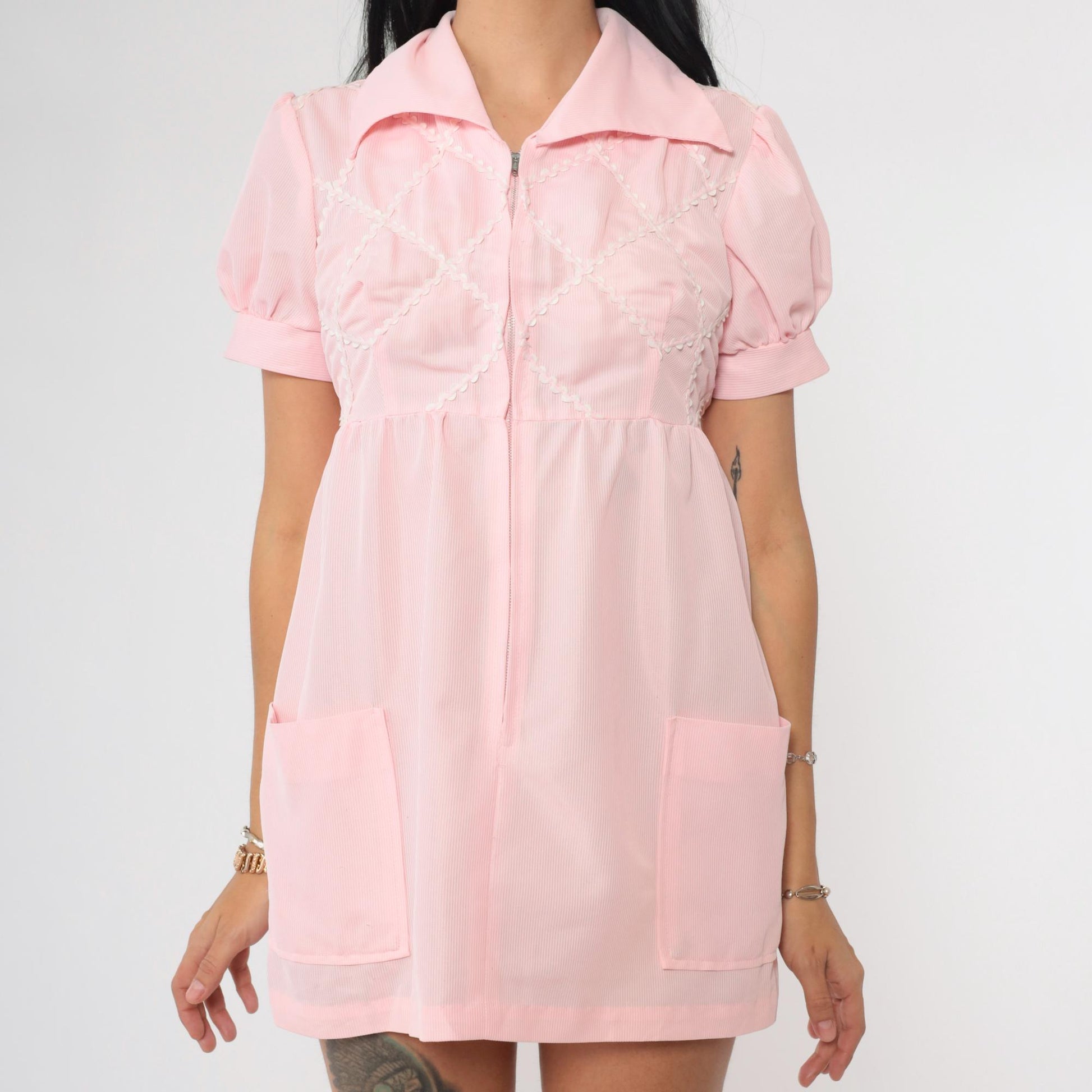 70s Baby Pink Babydoll Dress Puff Sleeve Empire Waist Micro Mini Extra Small
