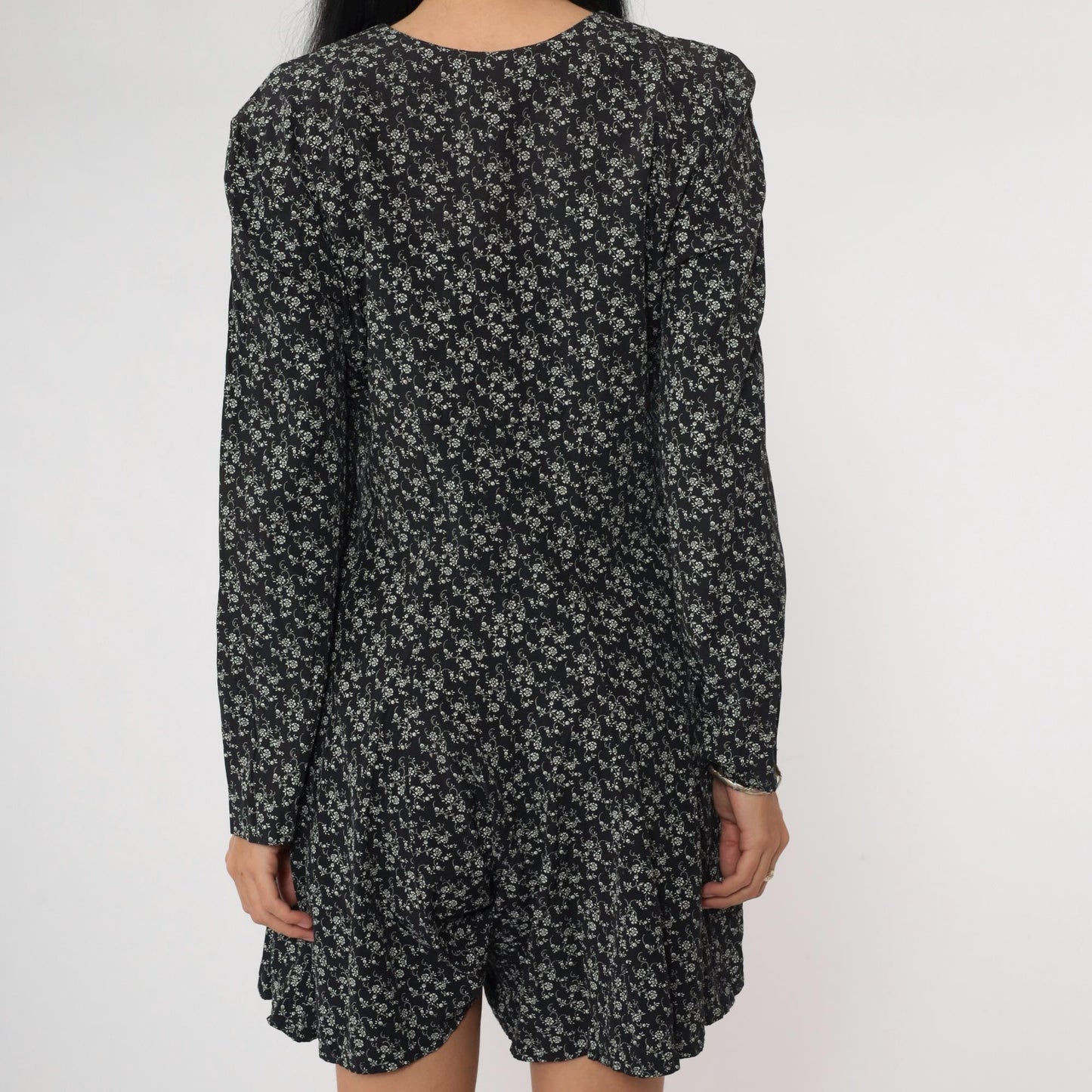 90s Floral Button-Up Romper Black White Long Sleeve Wide Leg Small Medium