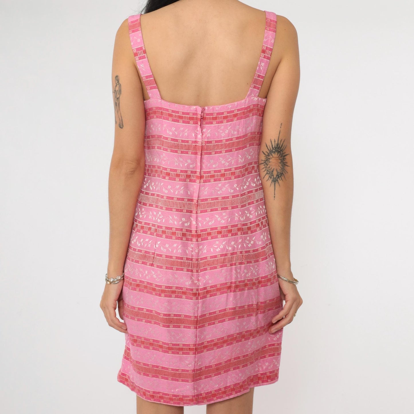 90s Pink Striped Floral Jacquard Mini Dress Square Neck Sleeveless Extra Small XS