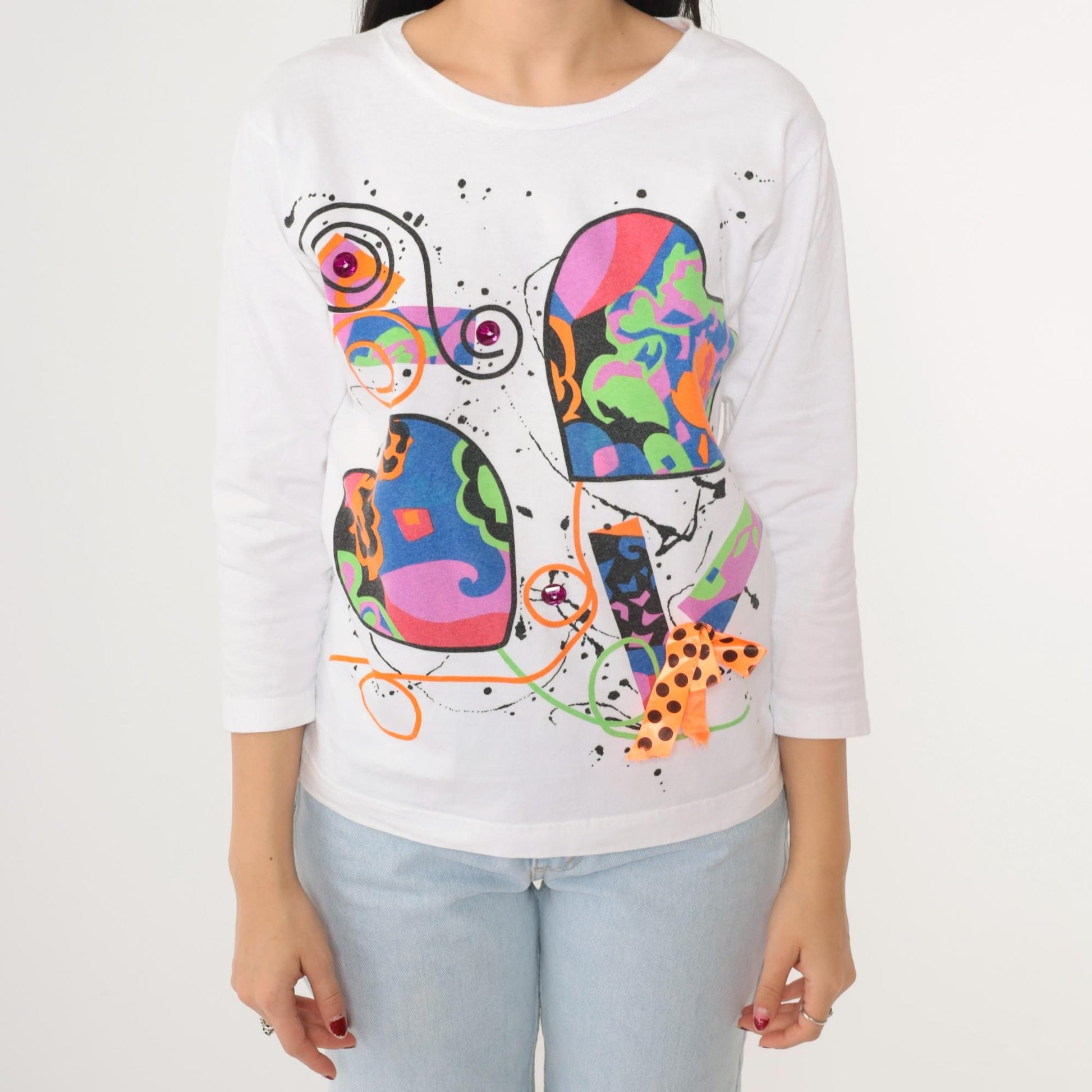 90s Heart Paint Splatter Long Sleeve Graphic Tee White Small
