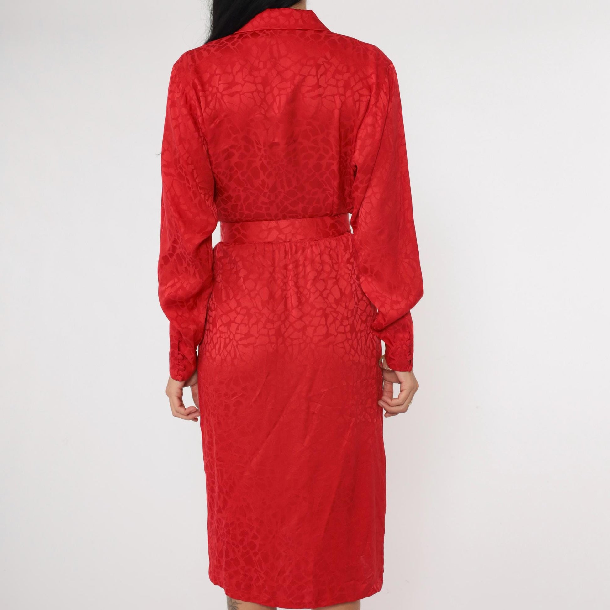 90s Liz Claiborne Red Silk Wrap Dress Embossed Mosaic V Neck Midi Extra Small XS