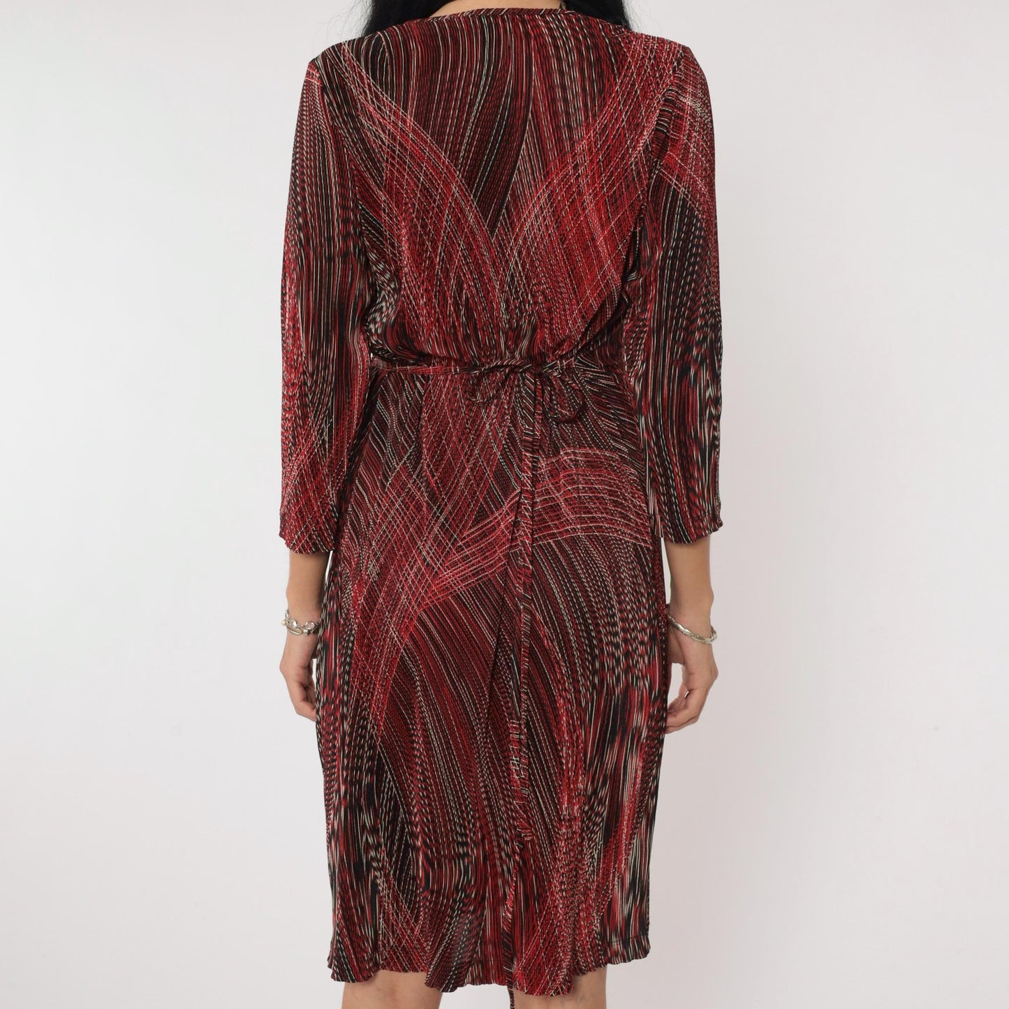 90s Teddi Dresses Striped Faux Wrap Minidress Red Black White V Neck Medium