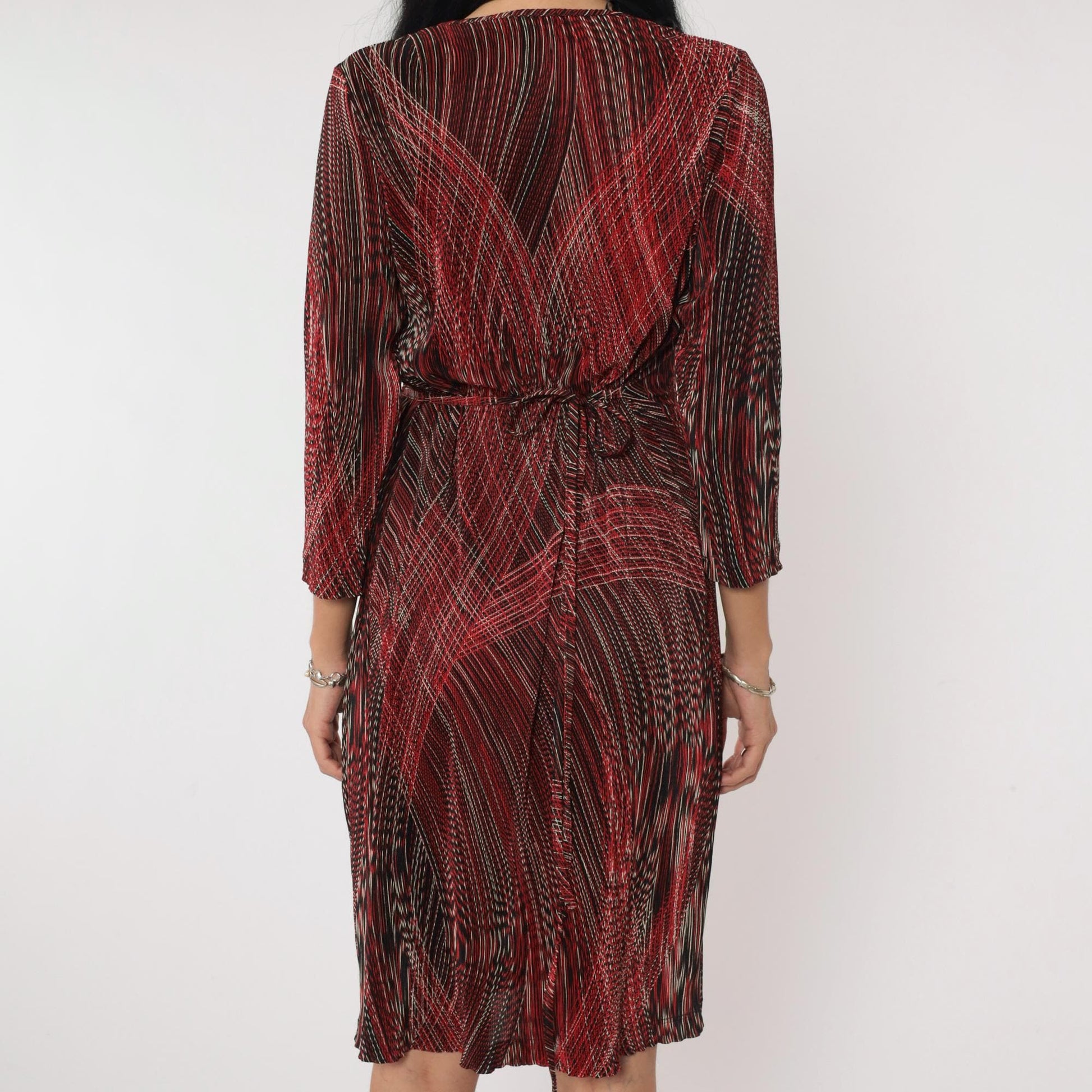 90s Teddi Dresses Striped Faux Wrap Minidress Red Black White V Neck Medium