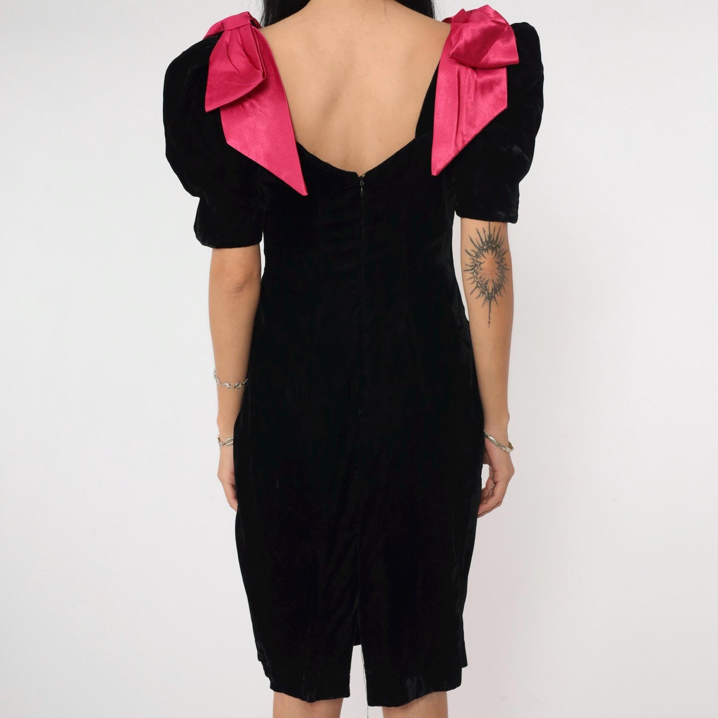 80s Black Velvet Mini Dress Puff Sleeve Fuchsia Bow Sheath Small 4