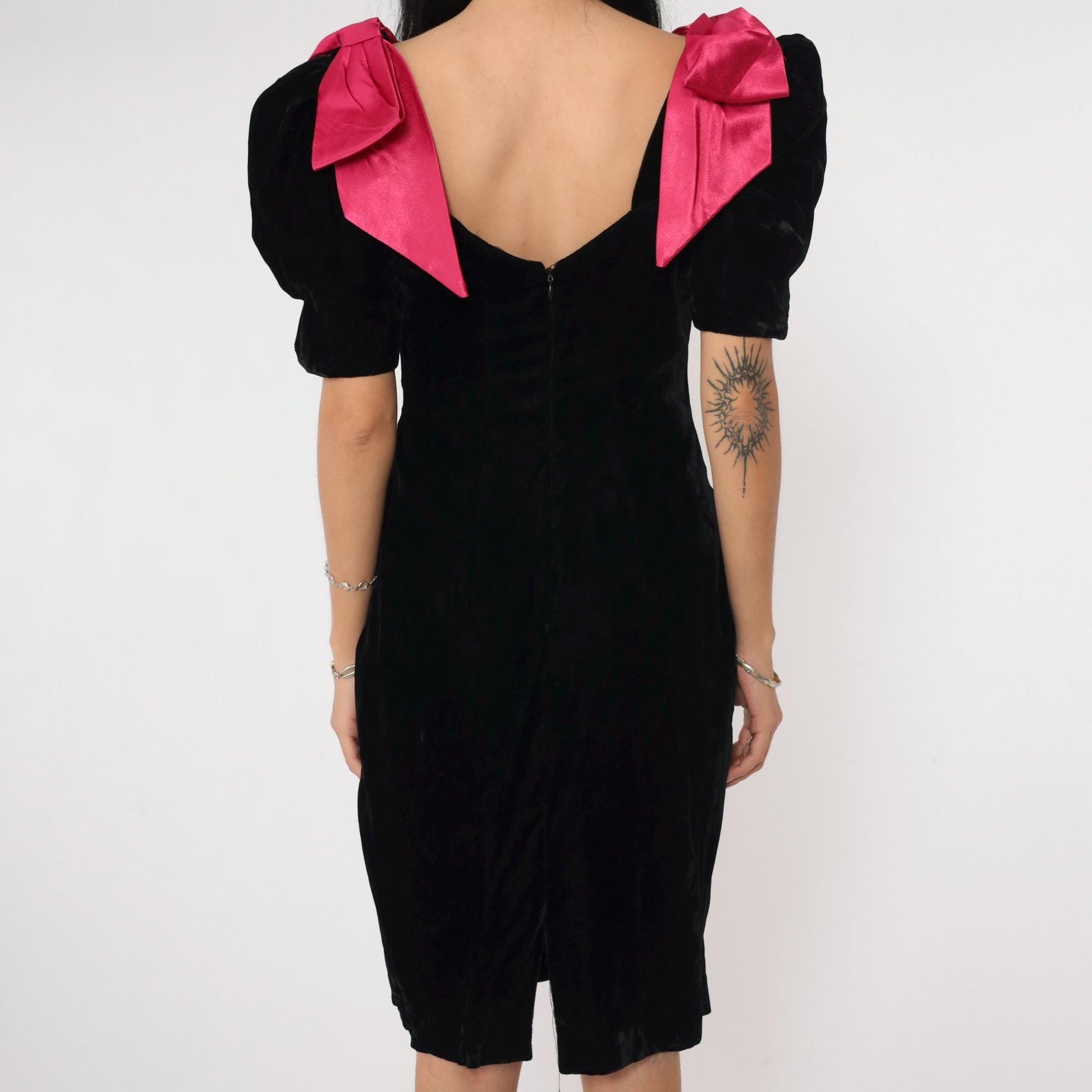 80s Black Velvet Mini Dress Puff Sleeve Fuchsia Bow Sheath Small 4