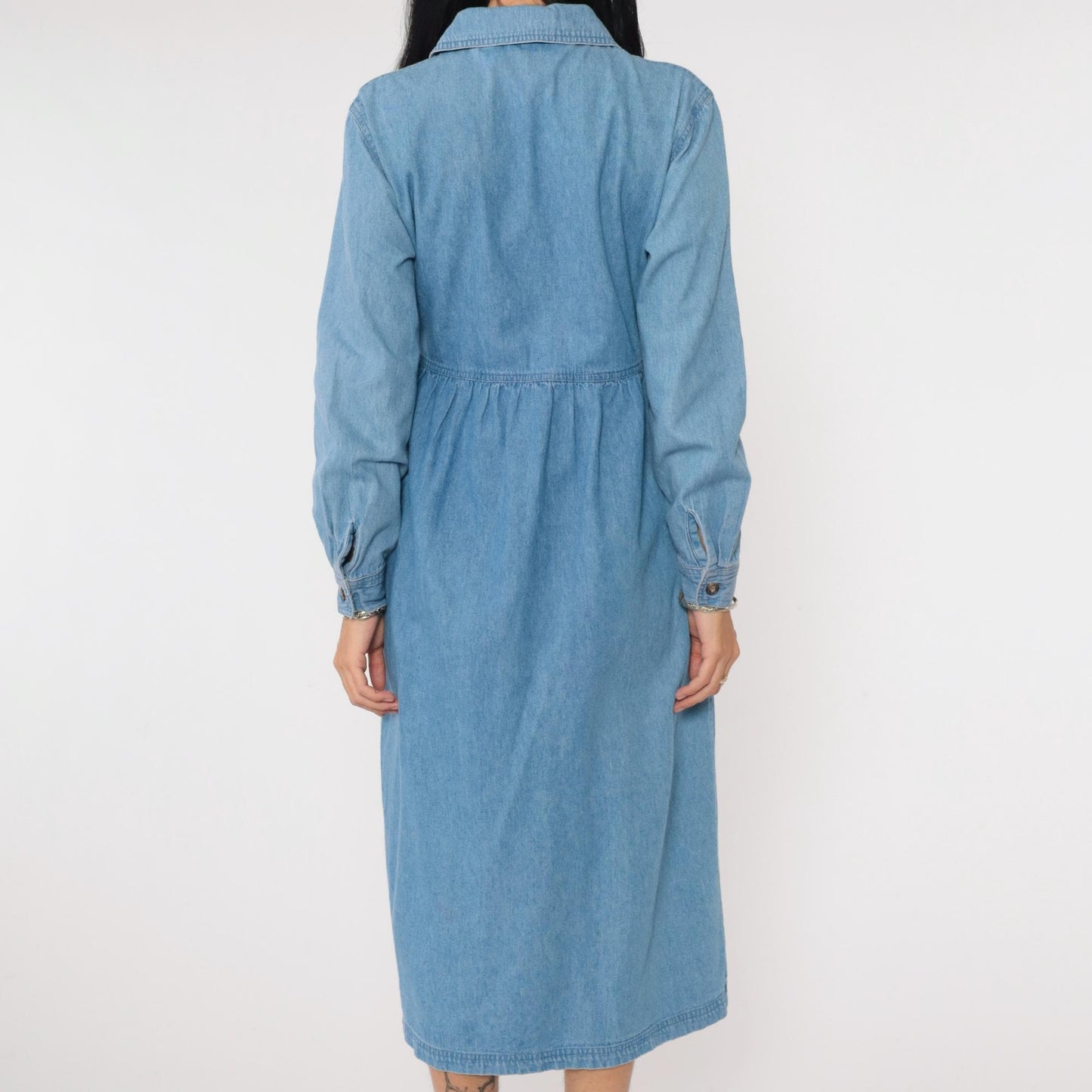 90s J.G. Hook Denim Midi Shirtdress Blue High-Waisted Button-Up Small Petite