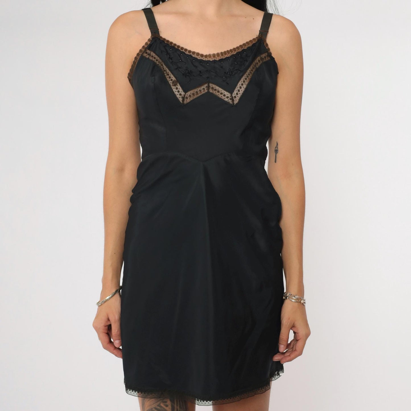 1950s Black Slip Dress Floral Embroidered Lace Trim Barbizon Extra Small