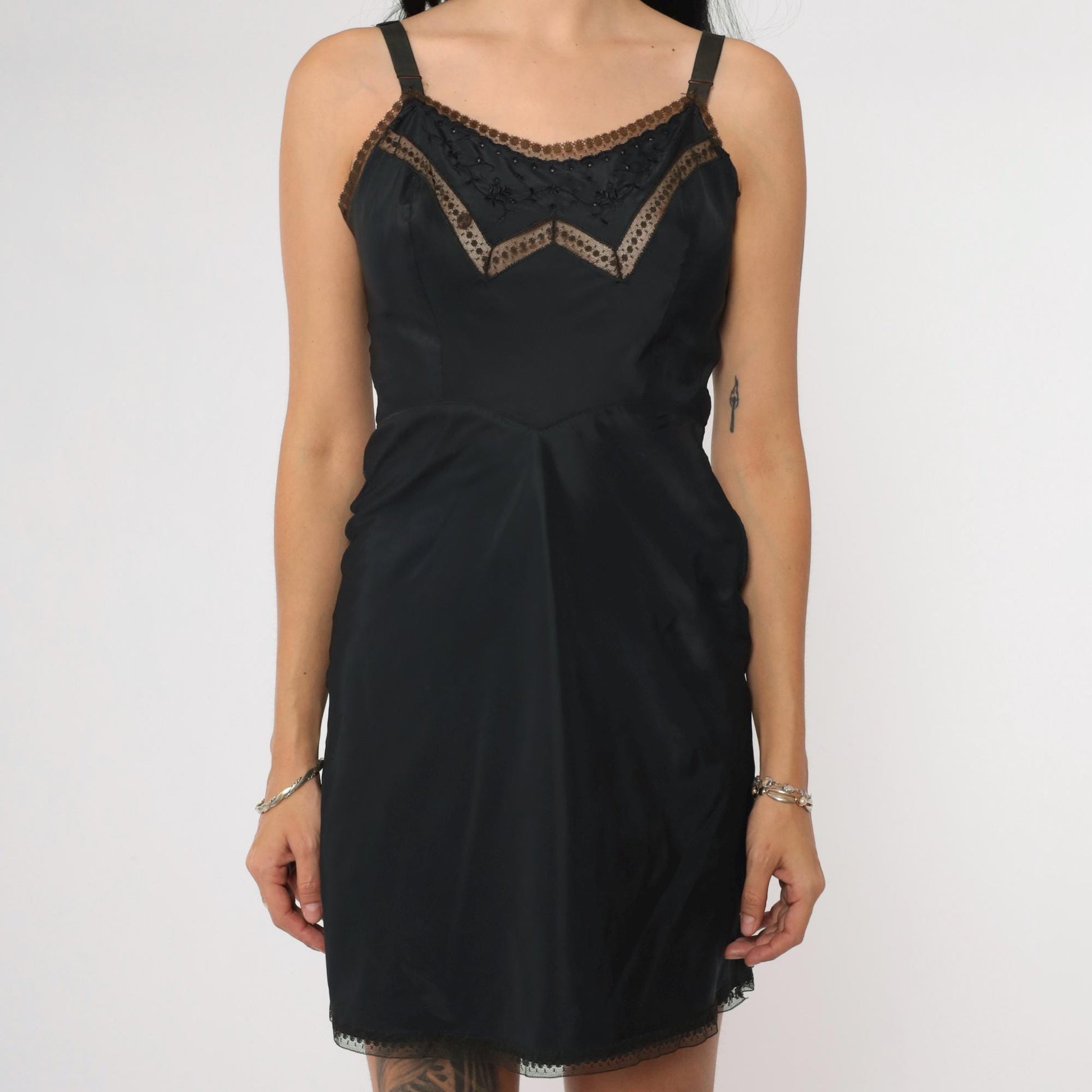 1950s Black Slip Dress Floral Embroidered Lace Trim Barbizon Extra Small