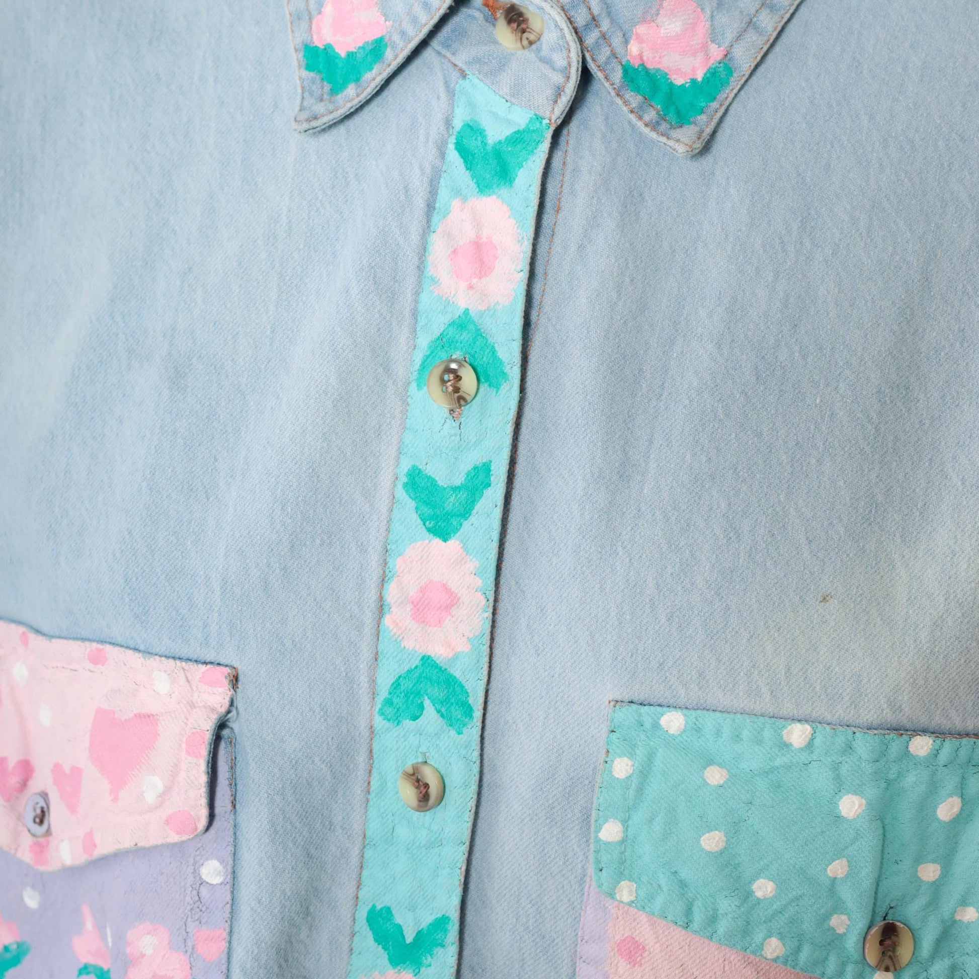 90s Hand Painted Floral Denim Button Up Shirt Blue Plus Size XXL