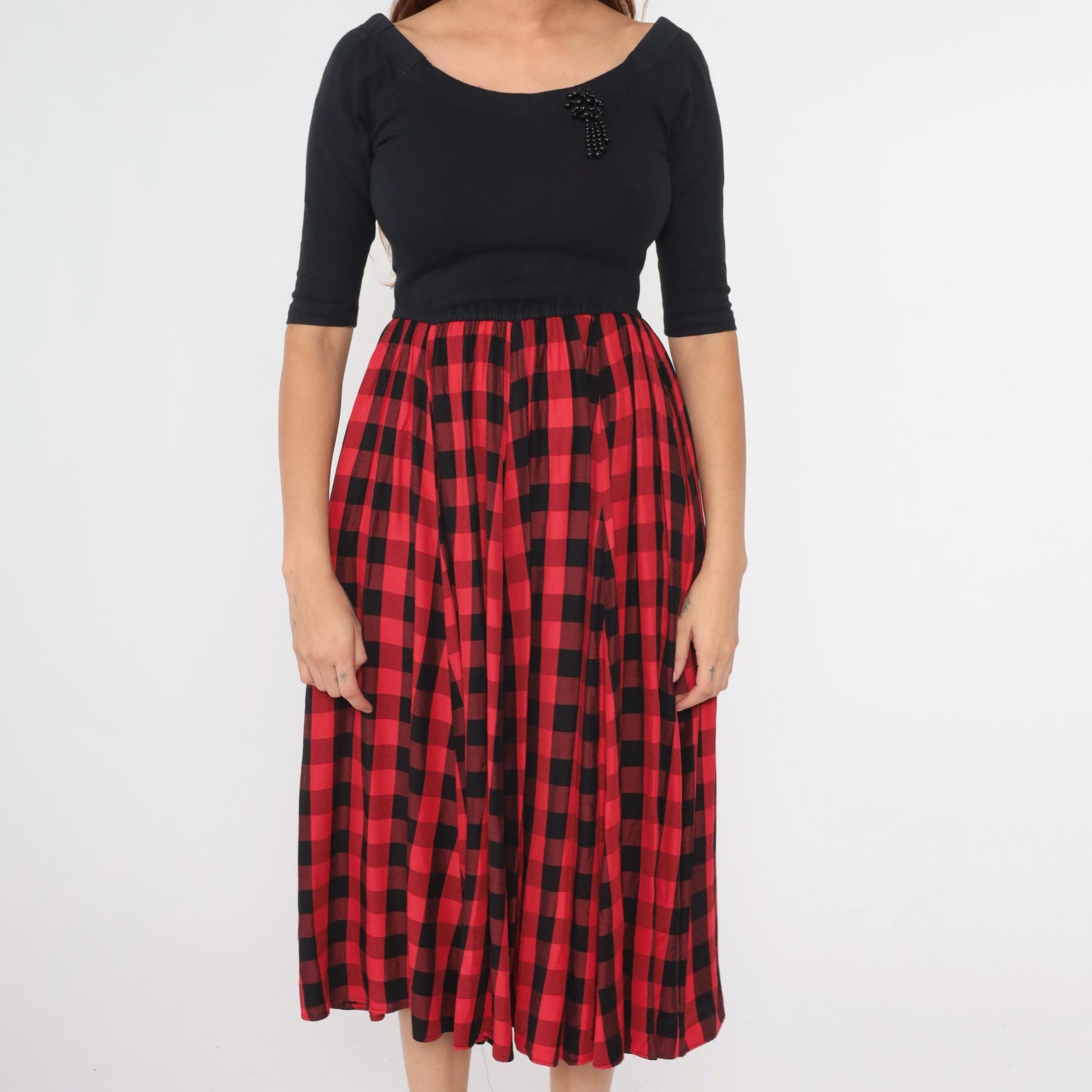 90s Buffalo Check Midi Dress Black Red High Waist Beaded Detail Medium