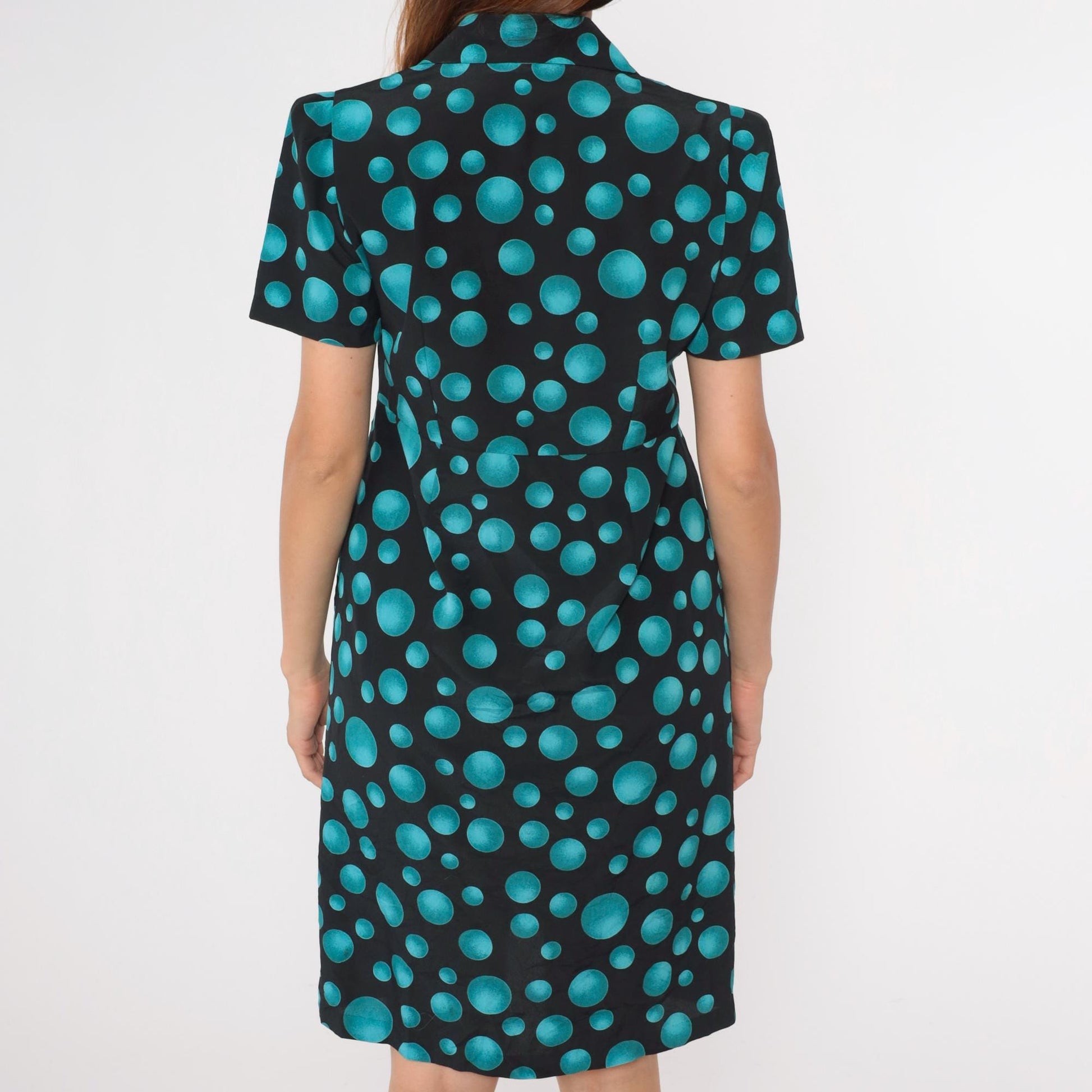 90s Black Teal Polka Dot Midi Dress Puff Sleeve High Waist Medium