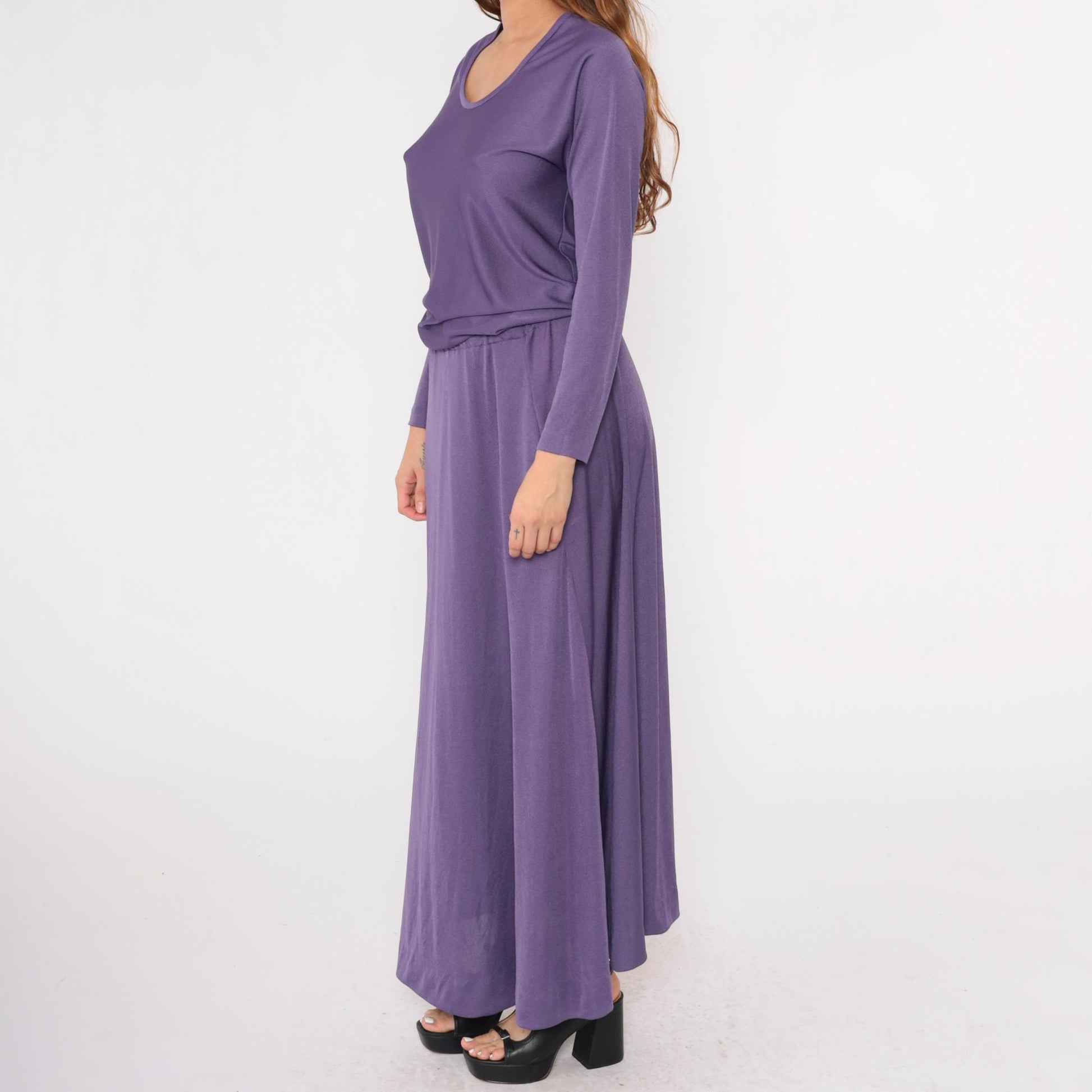1970s Purple Maxi Dress Blouson High Waist Scoop Neck Long Sleeve Medium