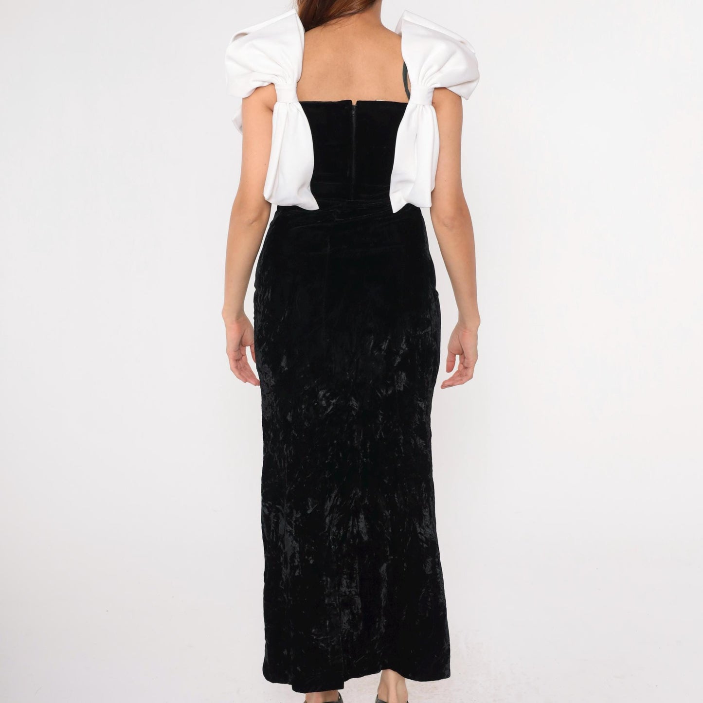 80s Black Velvet Maxi Dress White Bow Sleeveless Sheath Extra Small