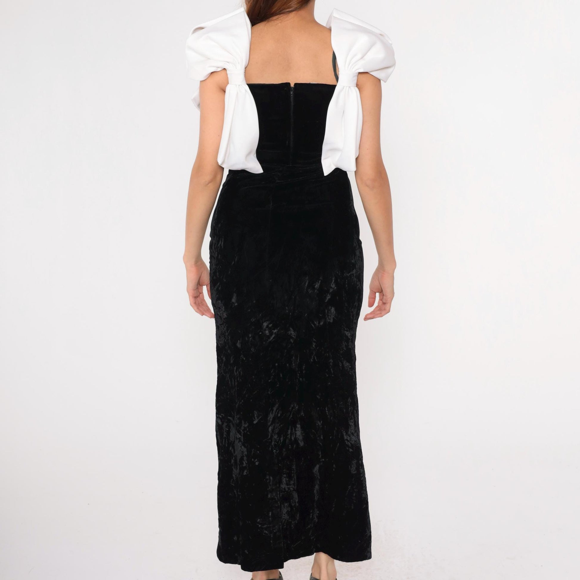 80s Black Velvet Maxi Dress White Bow Sleeveless Sheath Extra Small