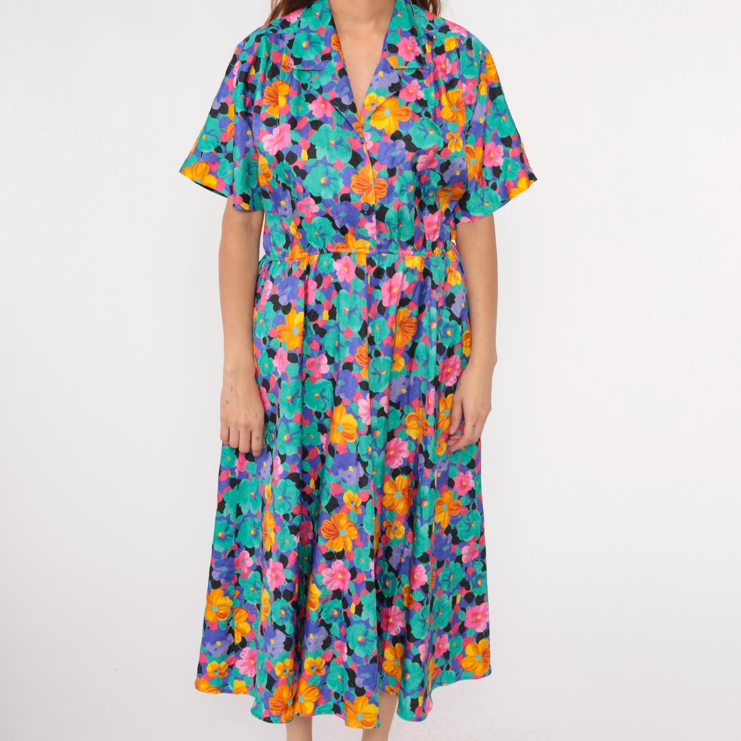 80s Floral Midi Shirtdress High Waist Button Front Turquoise Pink Blue Medium