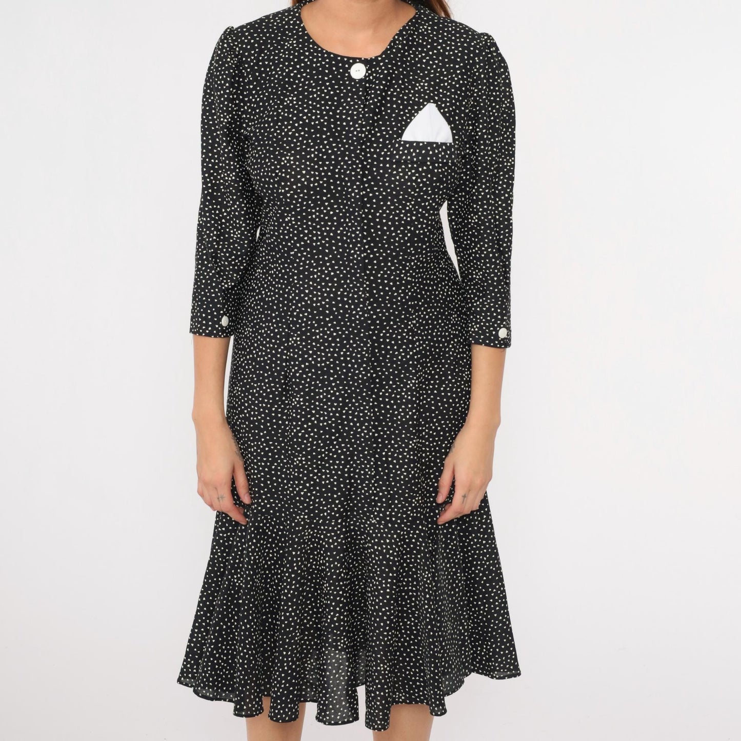 80s Black White Polka Dot Midi Dress Puff Sleeve Shift Ruffle Hem Medium