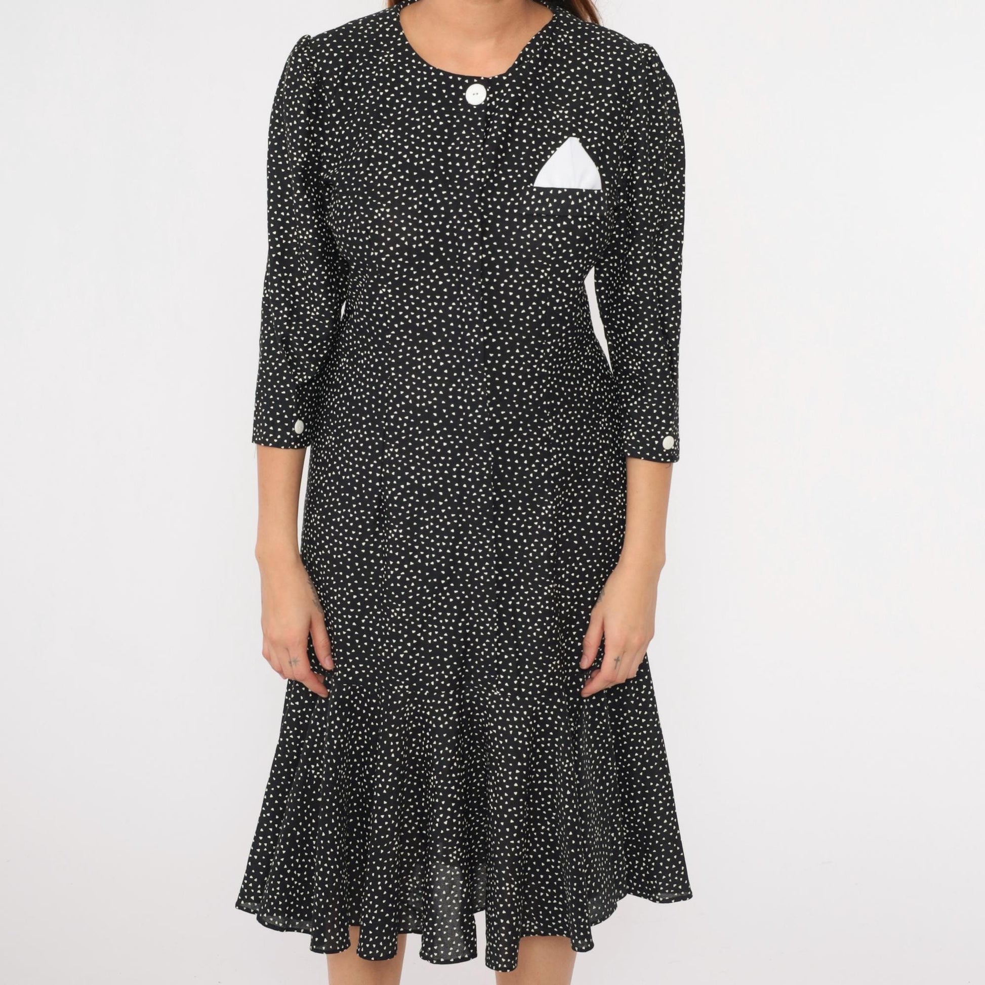 80s Black White Polka Dot Midi Dress Puff Sleeve Shift Ruffle Hem Medium
