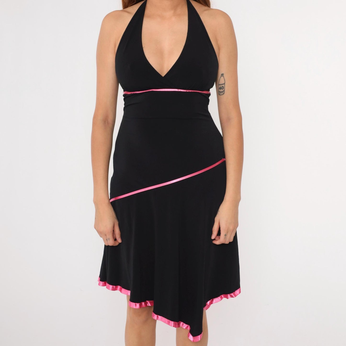 Y2K Black Halter Midi Dress Asymmetrical Hanky Hem Pink Trim Small Medium
