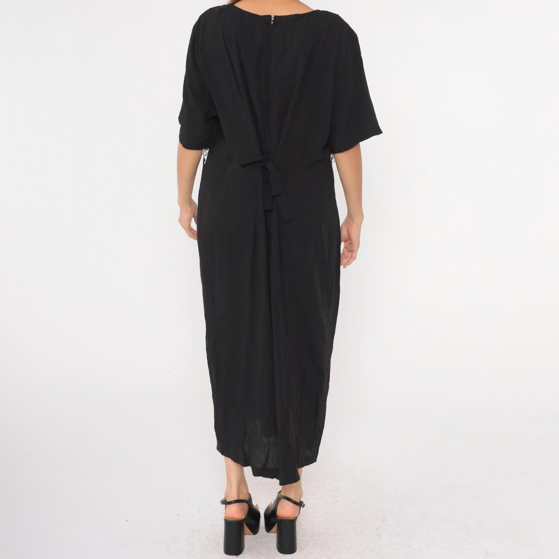 90s Black Maxi Dress White Lace Trim Short Sleeve Scoop Neck Plus Size 20W