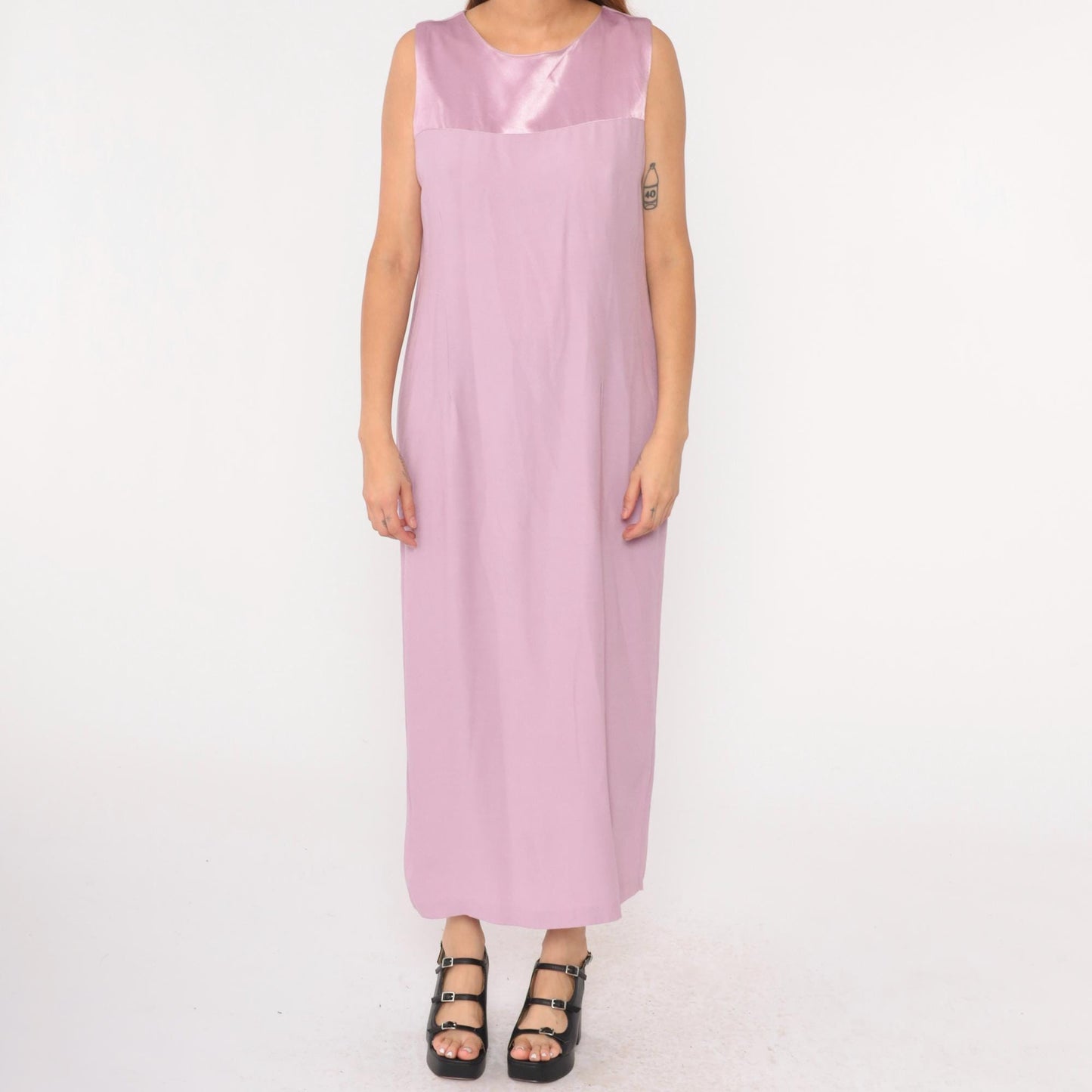 90s Lavender Satin Yoke Maxi Shift Dress Sleeveless Large L