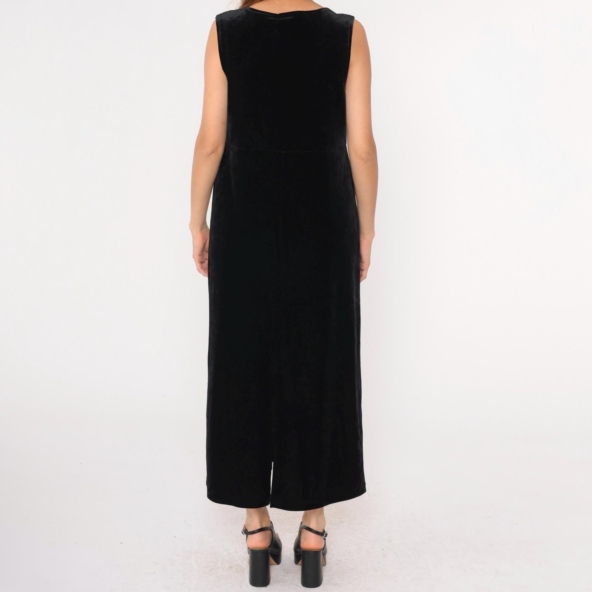 90s Black Velvet Maxi Dress High Waist Scoop Neck Sleeveless Medium