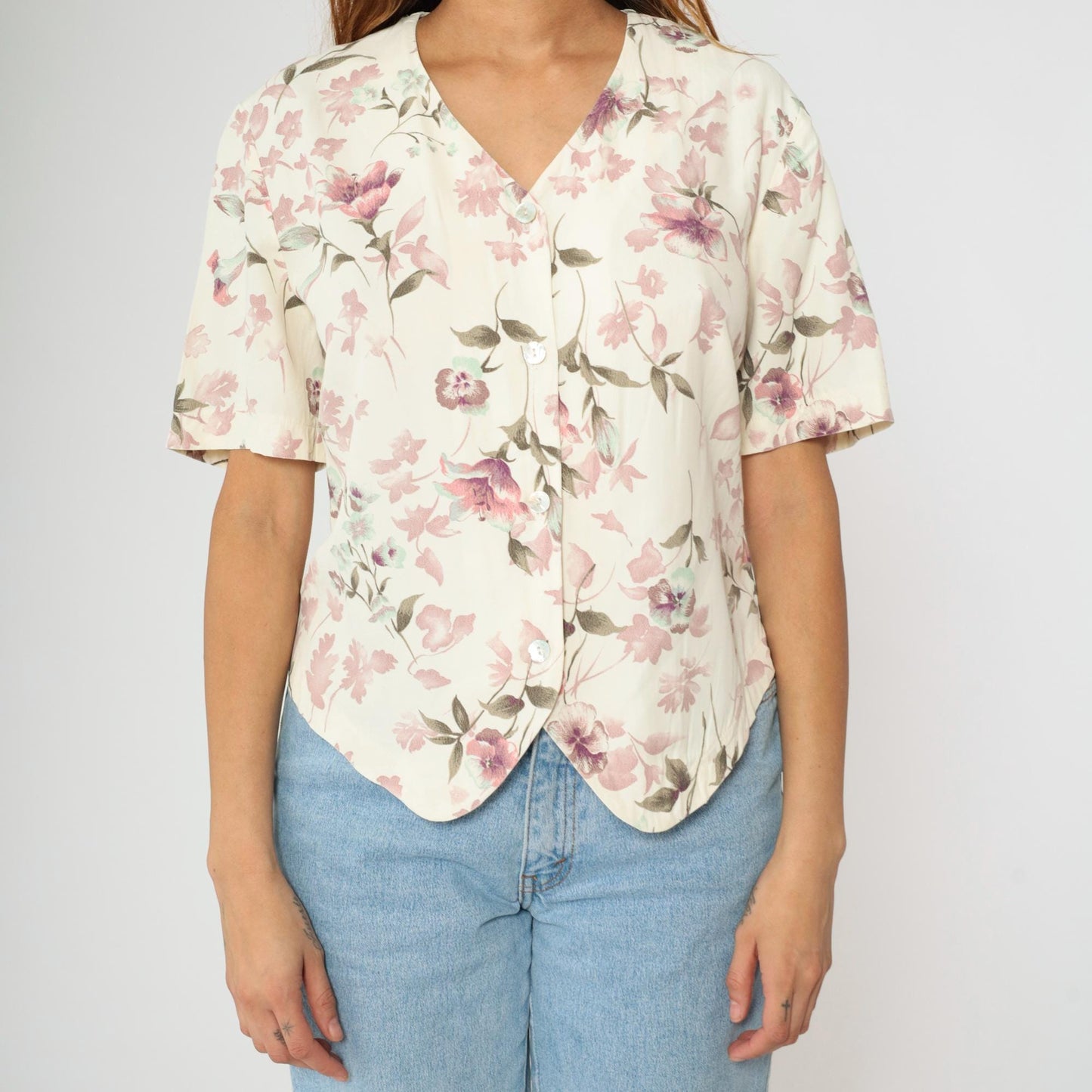 90s Lee David Floral Button Up Blouse Off-White Mauve Pink V-Neck Medium M