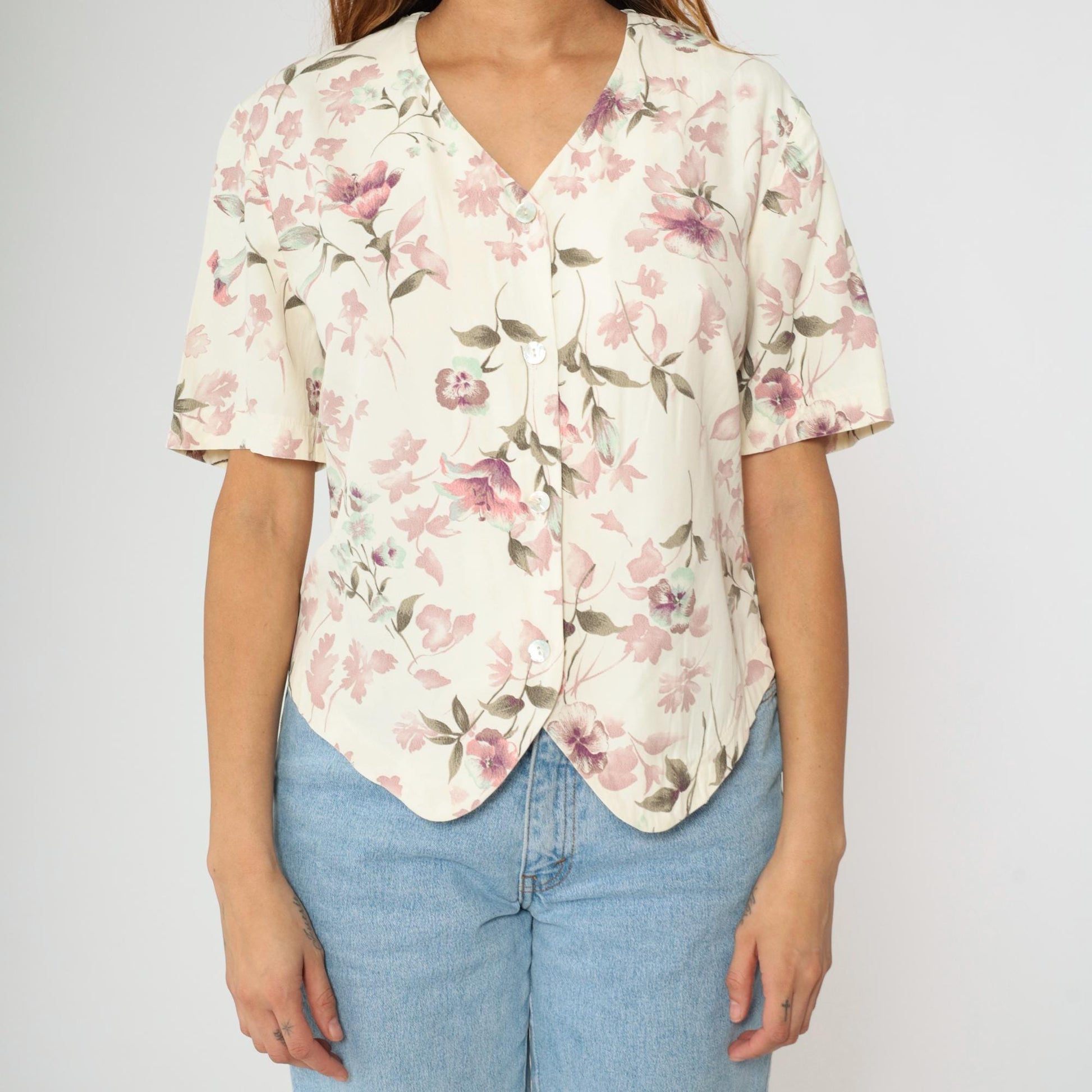 90s Lee David Floral Button Up Blouse Off-White Mauve Pink V-Neck Medium M