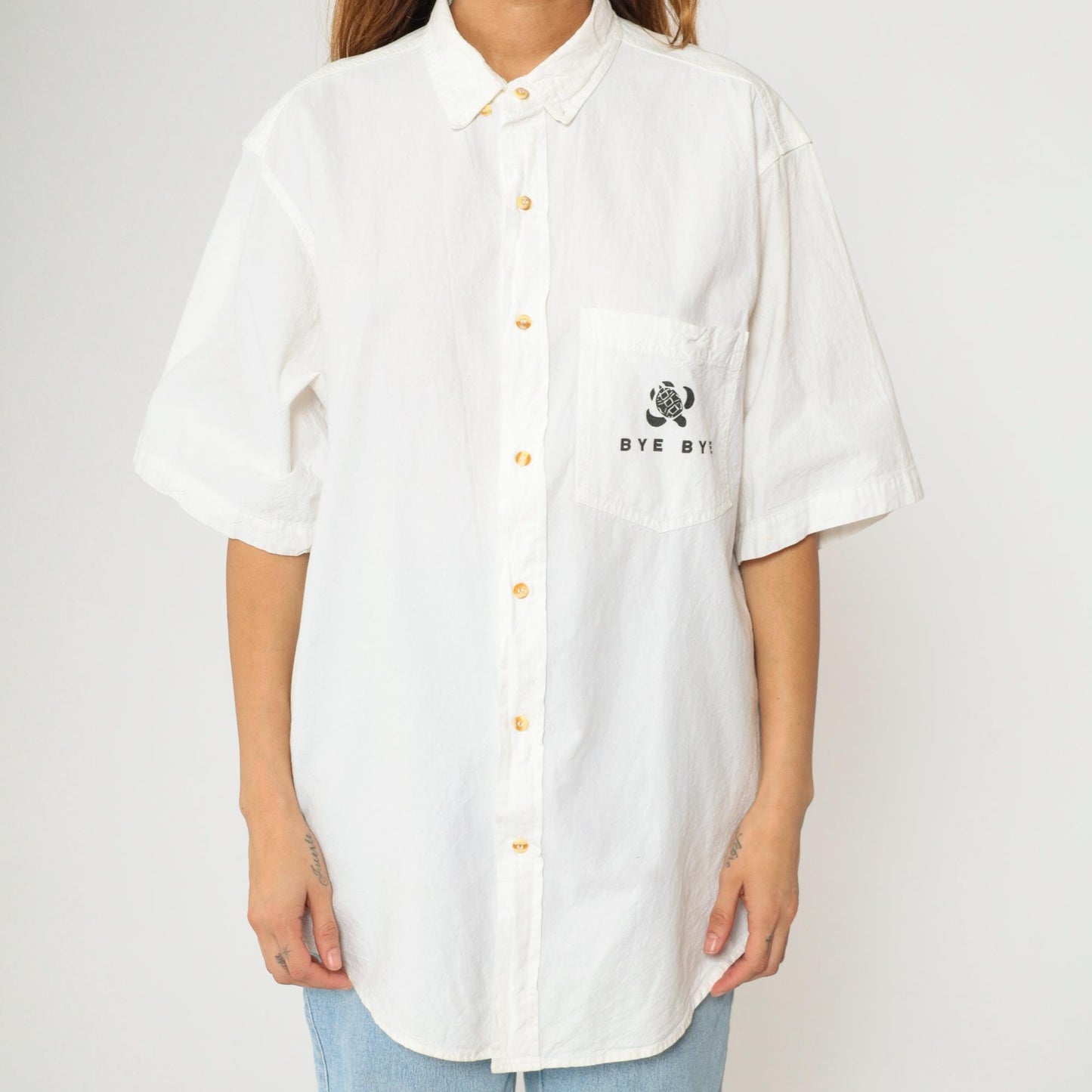 90s Bye Bye Cozumel Turtle Graphic Button-Up Shirt White Cotton Large