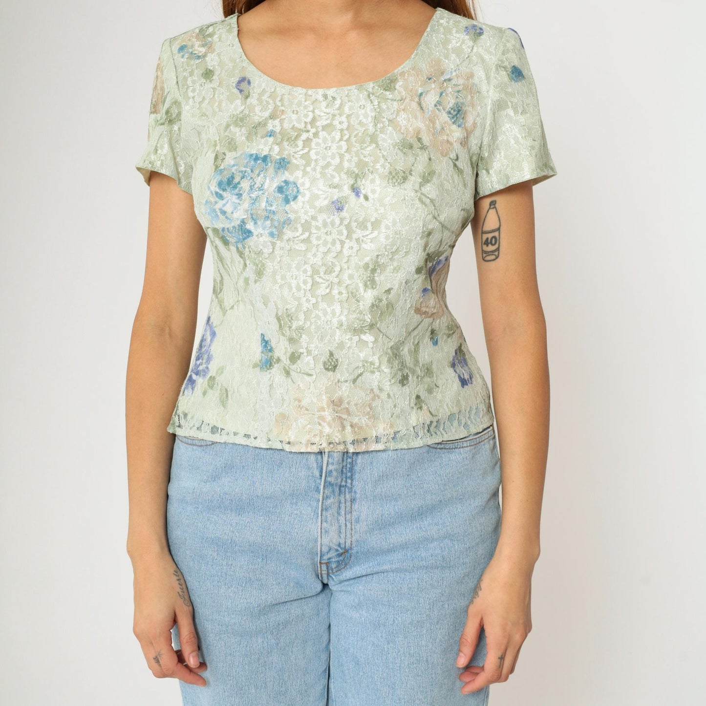90s Green Floral Lace Blouse Short Sleeve Scoop Neck Button Back Small