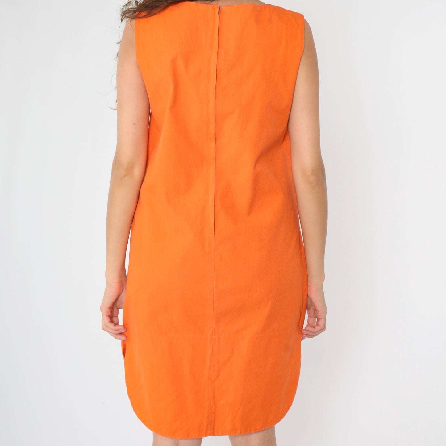 60s Mod Orange Shift Dress Sleeveless Pockets Curved Hem Small Medium