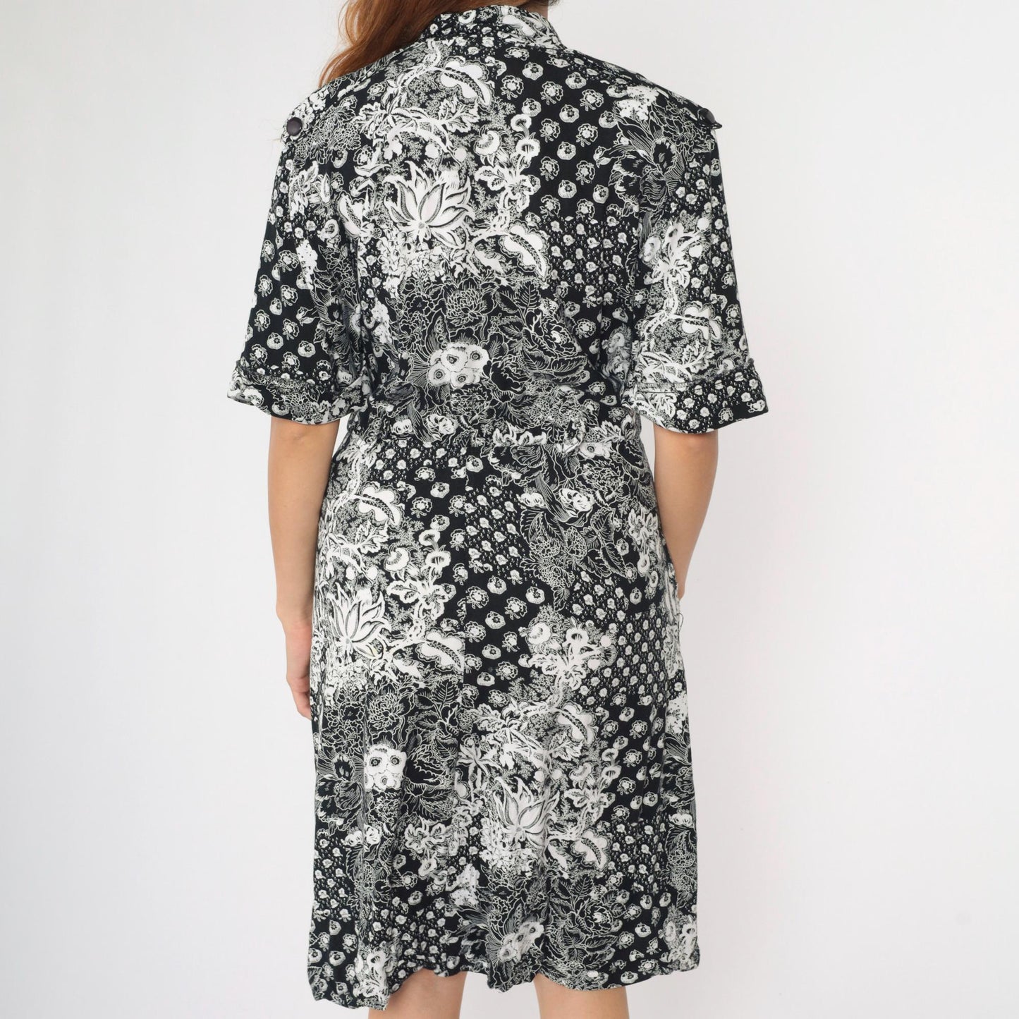 80s Jessica Ryan Black White Floral Midi Dress Faux Wrap Epaulettes Medium