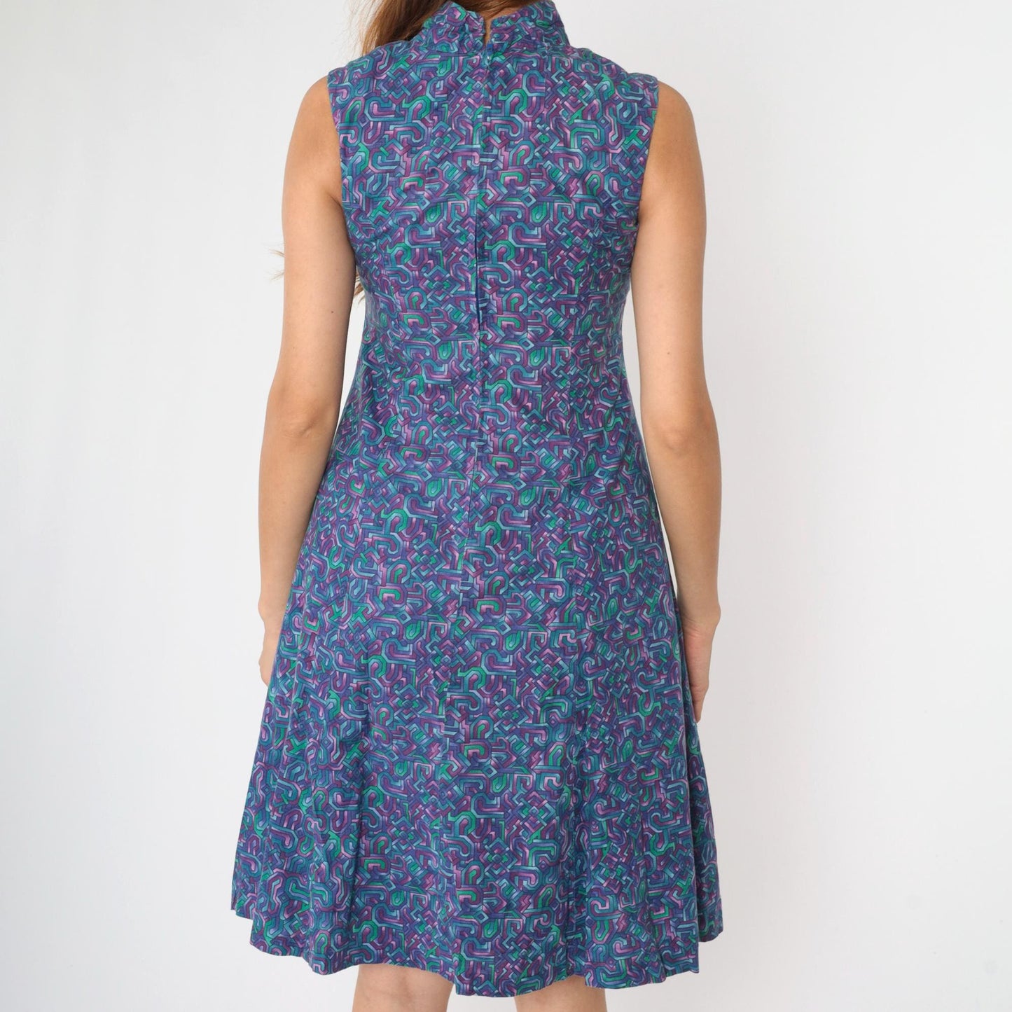 90s Purple Blue Green Abstract Geometric Mock Neck Midi Dress Small