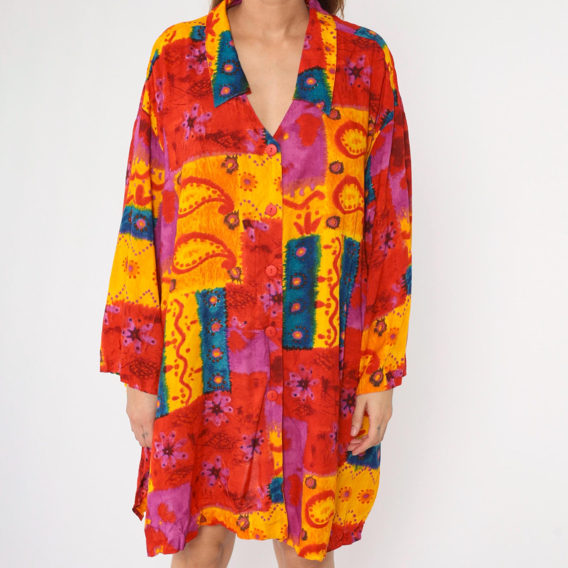 90s C.S.T. Studio Patchwork Paisley Floral Button-Up Tunic Plus Size Red Yellow XXL