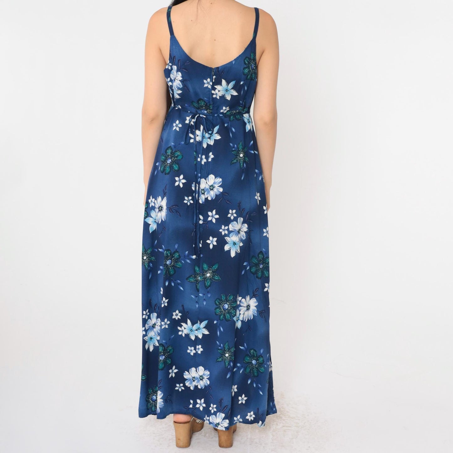 90s Blue Floral Maxi Dress Spaghetti Strap High Waist Medium