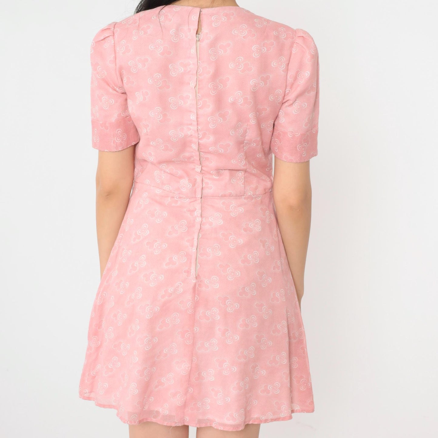 70s Pink Floral Mini Dress Puff Sleeve High Waist Pleated Small