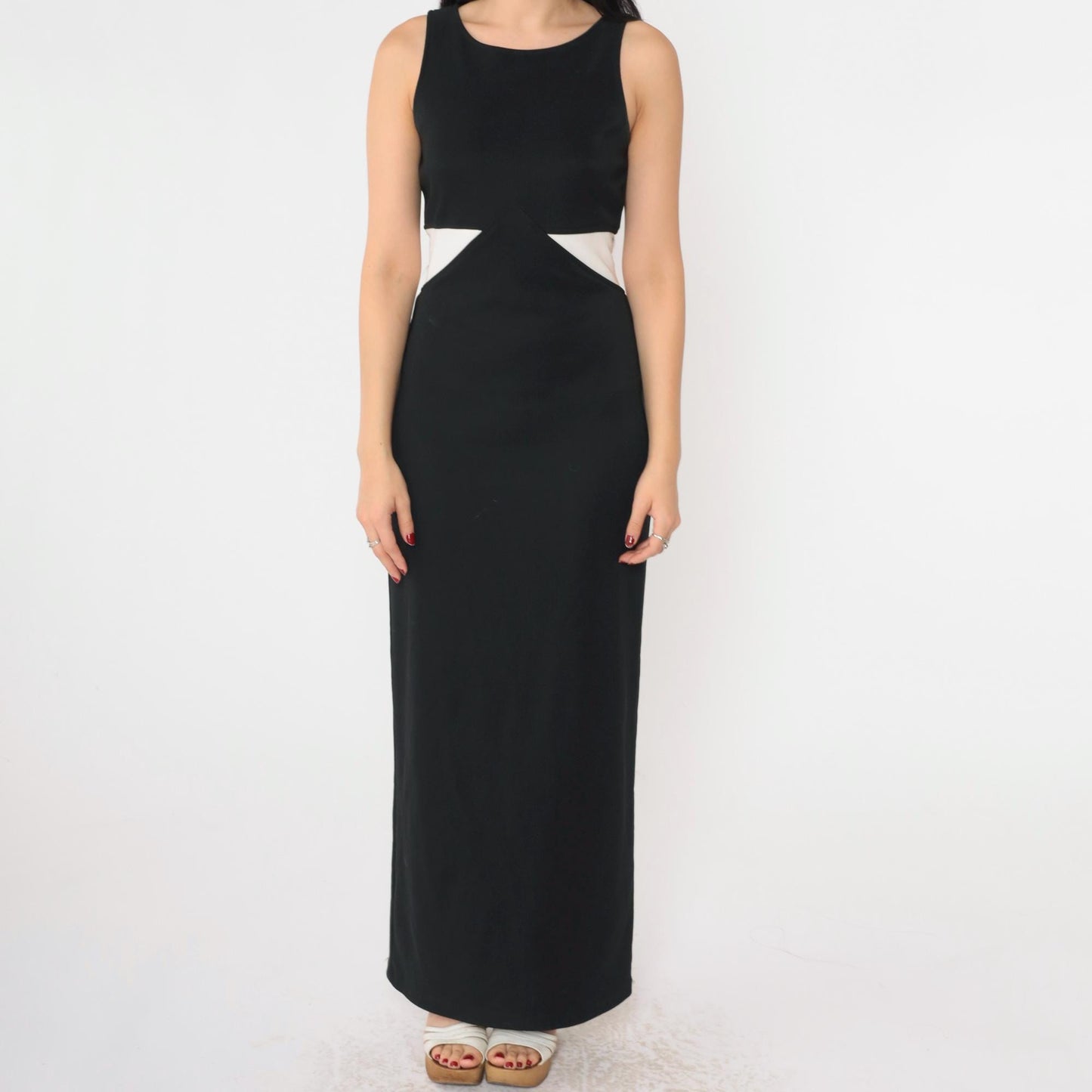 90s All That Jazz Black Maxi Dress White Trim Sleeveless Slit Medium