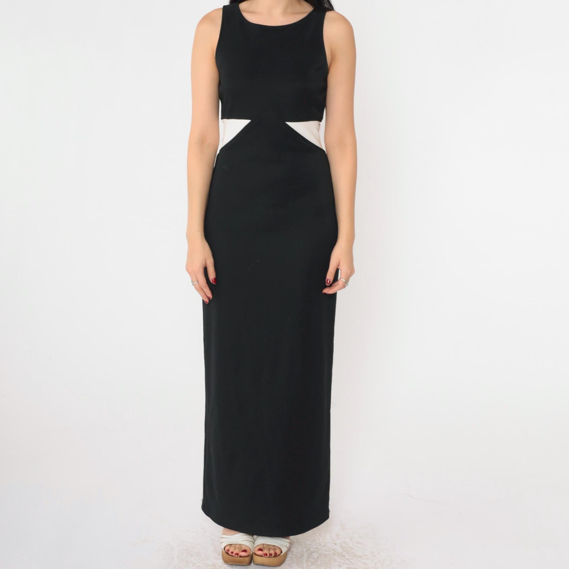 90s All That Jazz Black Maxi Dress White Trim Sleeveless Slit Medium