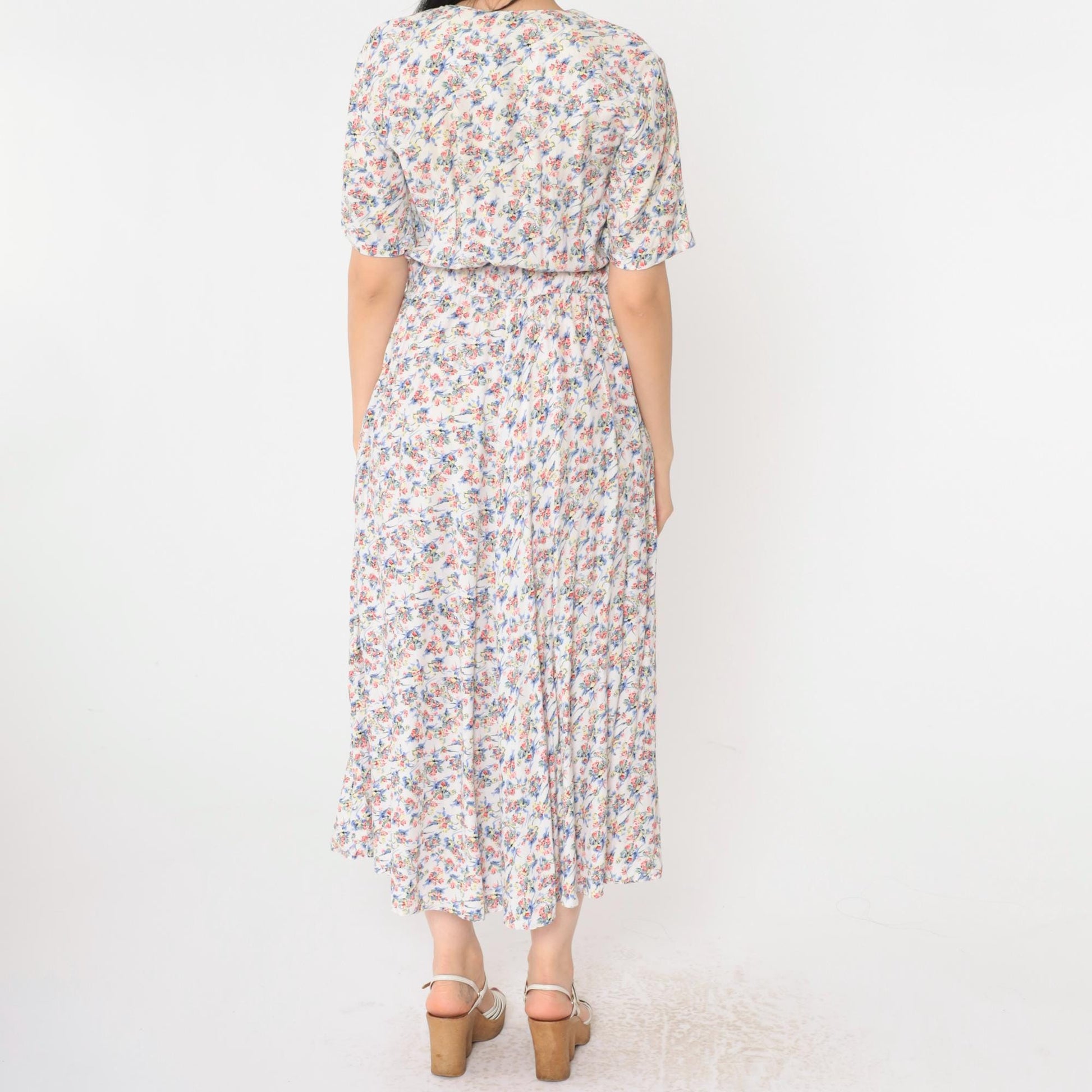 90s White Floral Print Button-Up Shirtdress Maxi Ankle Length Small