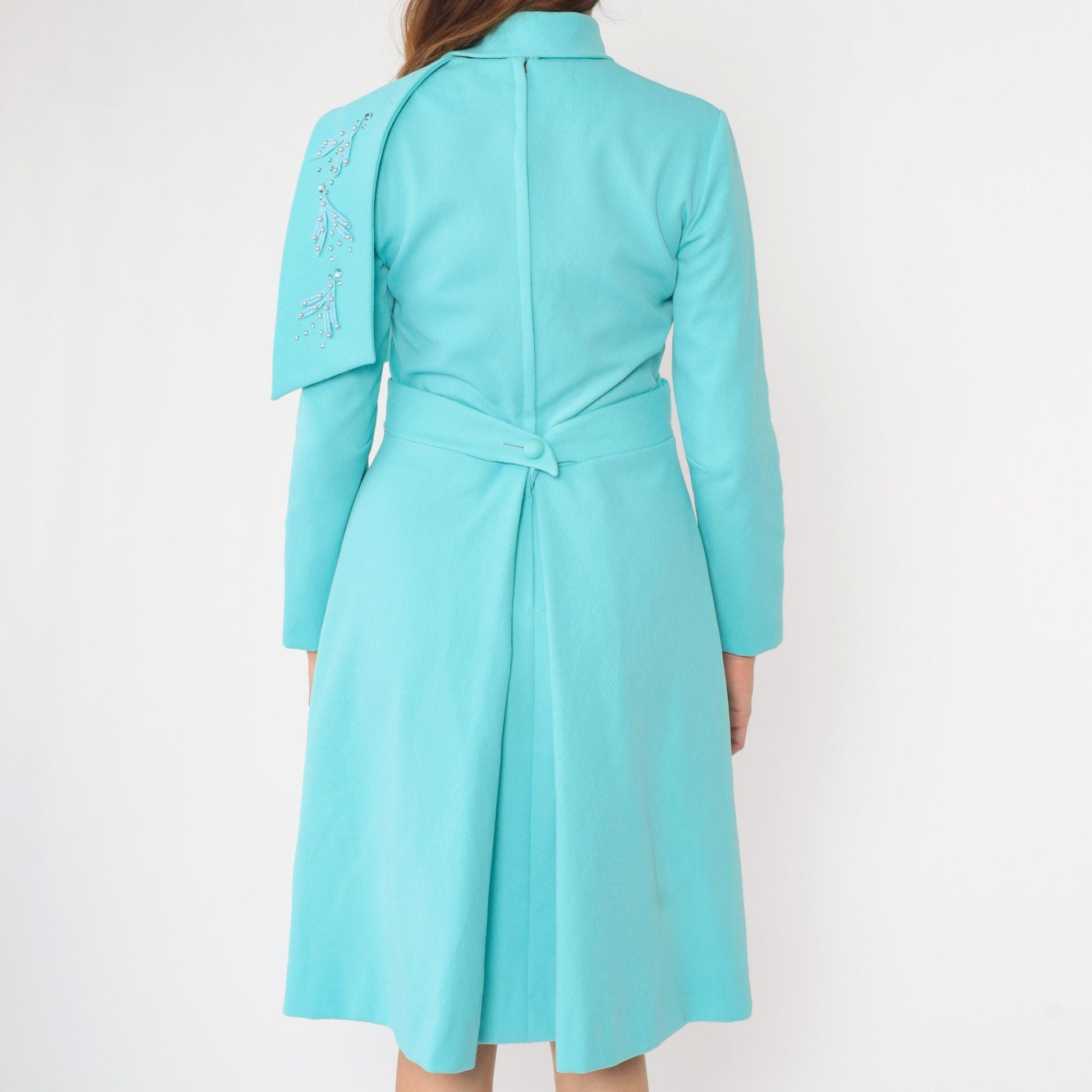 60s Alfred Werber Mod A-Line Dress Aqua Beaded Long Sleeve Midi Medium M